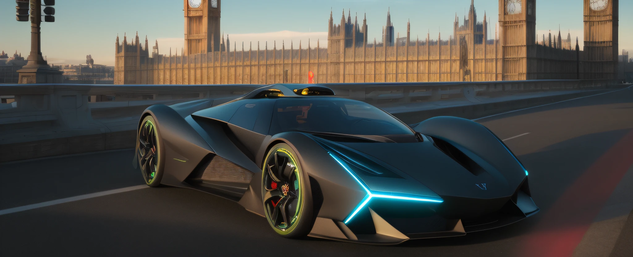 Alafeld car on the way，The background is Big Ben, render of futuristic supercar, futuristic product car shot, Futuristic concept car, Futuristic car, concept design art octane render, Badass Batmobile design, Futuristic car, daniel maidman octane rendering, new vehicle, futuristic car concept, 3 d octane render conceptart, 8 K high detail concept art