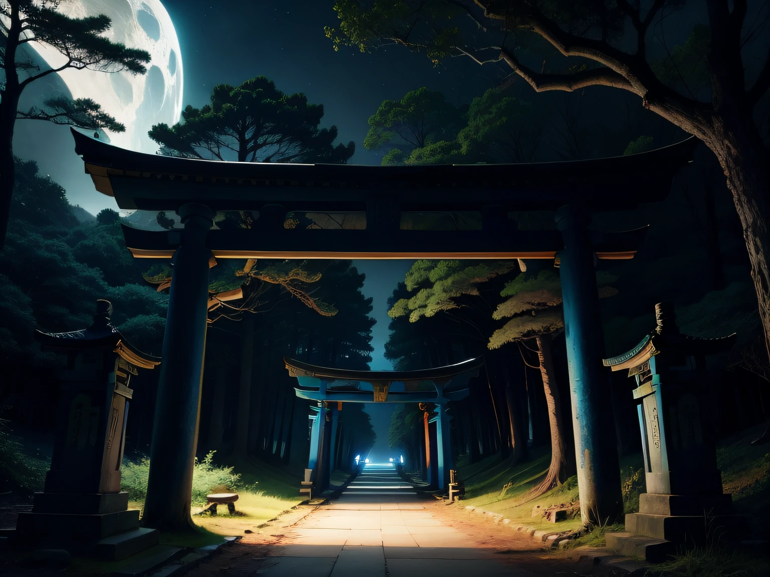 Background with、Ruined blue torii gate at night in the forest、