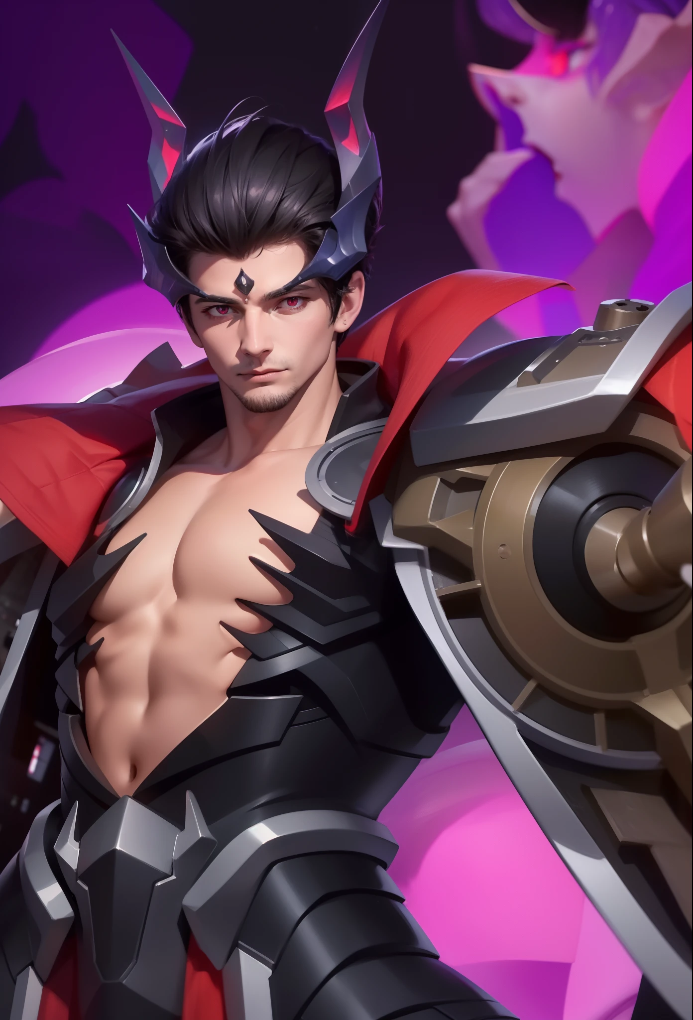 Attractive profile picture, masterpiece, ultra-precise rendering, beautiful and cool man, trustworthy, dependable man, savior of the world, simple design, most beautiful image, 4K, light red eyes, the color of the clothes is the same as the original, dragon horns, red eyes,  dragon armor.