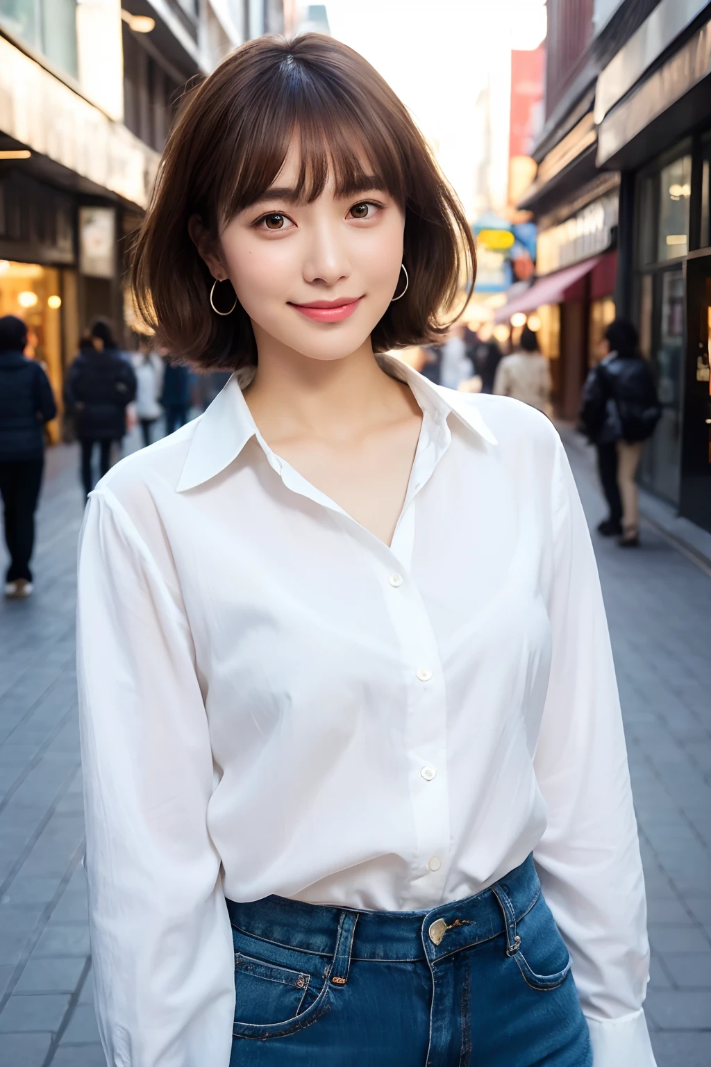 (8k, RAW photos, top quality, masterpiece: 1.2), ultra detailed, super resolution, (real, real photos: 1.37), portraits, high definition RAW color photos, professional photos, very detailed and beautiful, highly detailed, 8k wallpapers, amazing details, huge file size, official art, highly detailed CG Unity 8k wallpapers, highly detailed beautiful girls, highly detailed facesHighly detailed eyes, highly detailed skin, highly detailed fingers, highly detailed nose, highly detailed mouth, perfect anatomy, highly detailed background, highly detailed clothing, one girl, (18:1.2), , cute girl, famous Japan idol, cute, realistic body, petite, white skin, radiant skin, slim body, handsome body, brown hair, short curly hair, (blunt bangs: 1.2) , smile, cute, youthful, pretty face, realistic face, delicate eyes, sagging eyes, white shirt, skirt, earrings, camera gaze, cowboy shot, front-facing, standing, contrappost, high street, dynamic lighting,
