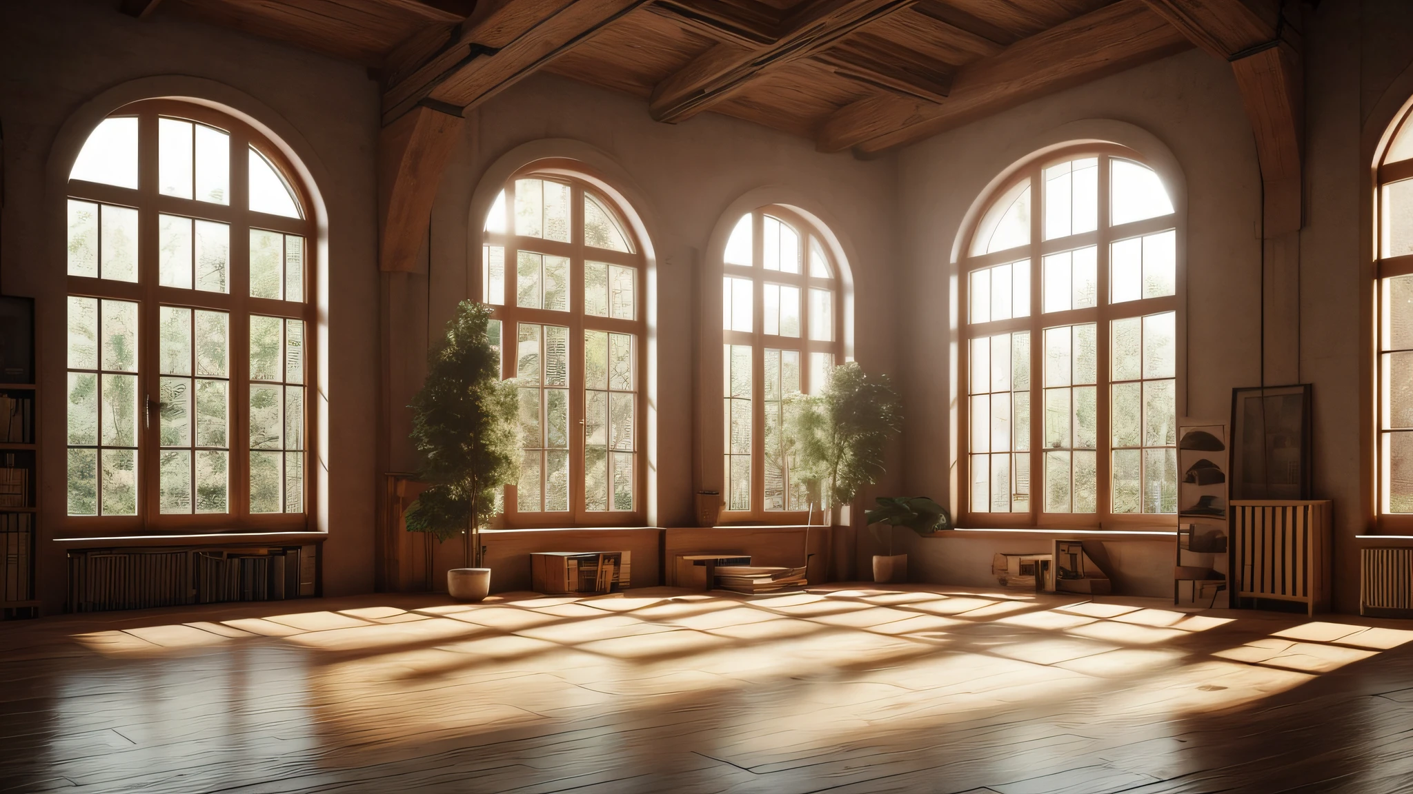 warm empty room, cozy place, large windows, book at the center, light beams, old archtecture, antique, art, atelier. Utra realistic, best quality, 8k. --auto