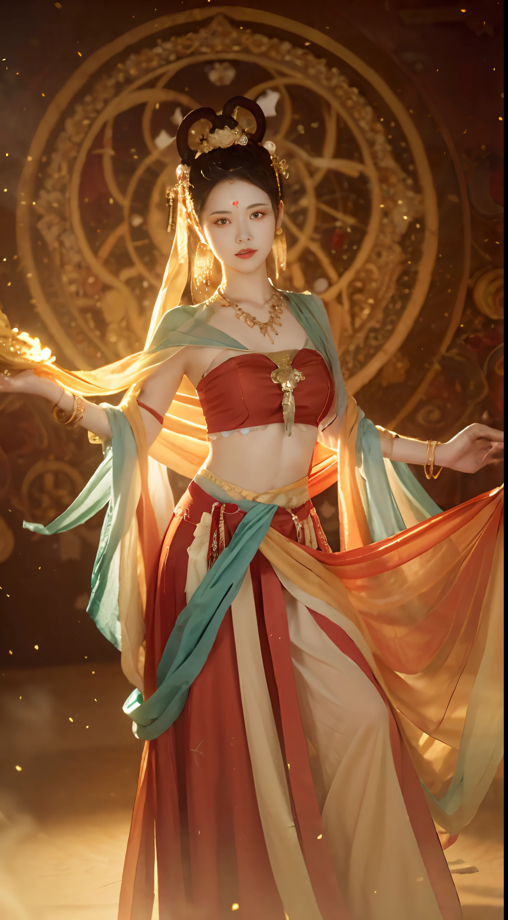 (8k, RAW photo, best quality, tmasterpiece:1.2), (realistic, photo-realistic:1.4), (Extremely detailed CG unity 8k wallpaper), (1 girl:1.5),Zhen Ji,(Red clothes:1.4),There are red spots on the forehead,Pale skin,Blushlush,largeeyes,full bodyesbian,upper legs,Open navel,Gold-tone waist chain,golden ornaments,Flying ribbons,Particle,The background is the ancient city of Loulan, Ancient city walls,A desert,dance, dunhuang_dress, dunhuang_style,