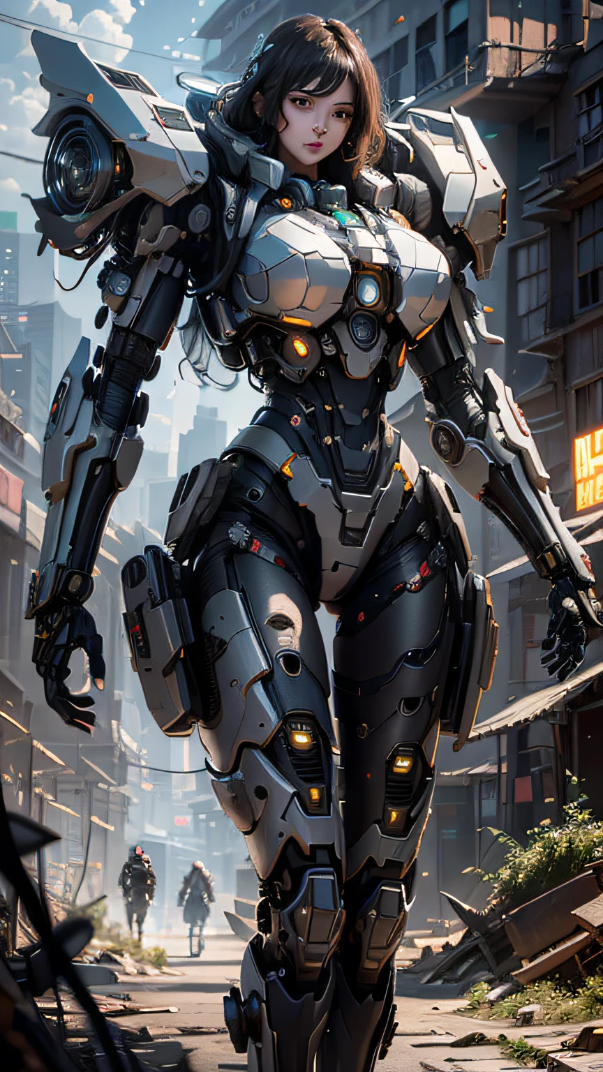 ((Best Quality)), ((Masterpiece)), (Very detailed:1.3), 3D, Shitu-mecha, Beautiful cyberpunk woman with her mech in a dilapidated factory building, futuristic technology, HDR (High Dynamic Range), ray tracing, NVIDIA RTX, Super Resolution, Unreal 5, Subsurface scattering, PBR textures, Post-processing, Anisotropic filtering, Depth of field, Maximum sharpness and sharpness, Multi-layer textures, Albedo and highlight maps, Surface shading, Accurate simulation of light-material interactions, perfect proportions, octane rendering, duotone lighting, low ISO, white balance, rule of thirds, wide aperture, 8K RAW, efficient sub-pixels, subpixel convolution, luminescent particles, light scattering, Tyndall effect