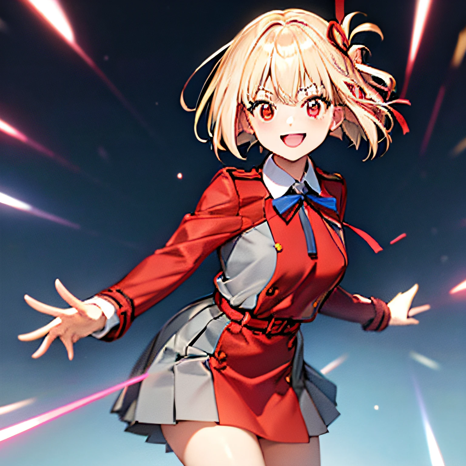chisato, red ribbon, lycoris uniform, two-tone dress, grey dress, pleated dress, belt, red belt,neck ribbon, blue ribbon, long sleeves, smile, pov, effects, lycoris uniform, two-tone dress, grey dress, pleated dress, belt, red belt,neck ribbon, blue ribbon, long sleeves,
