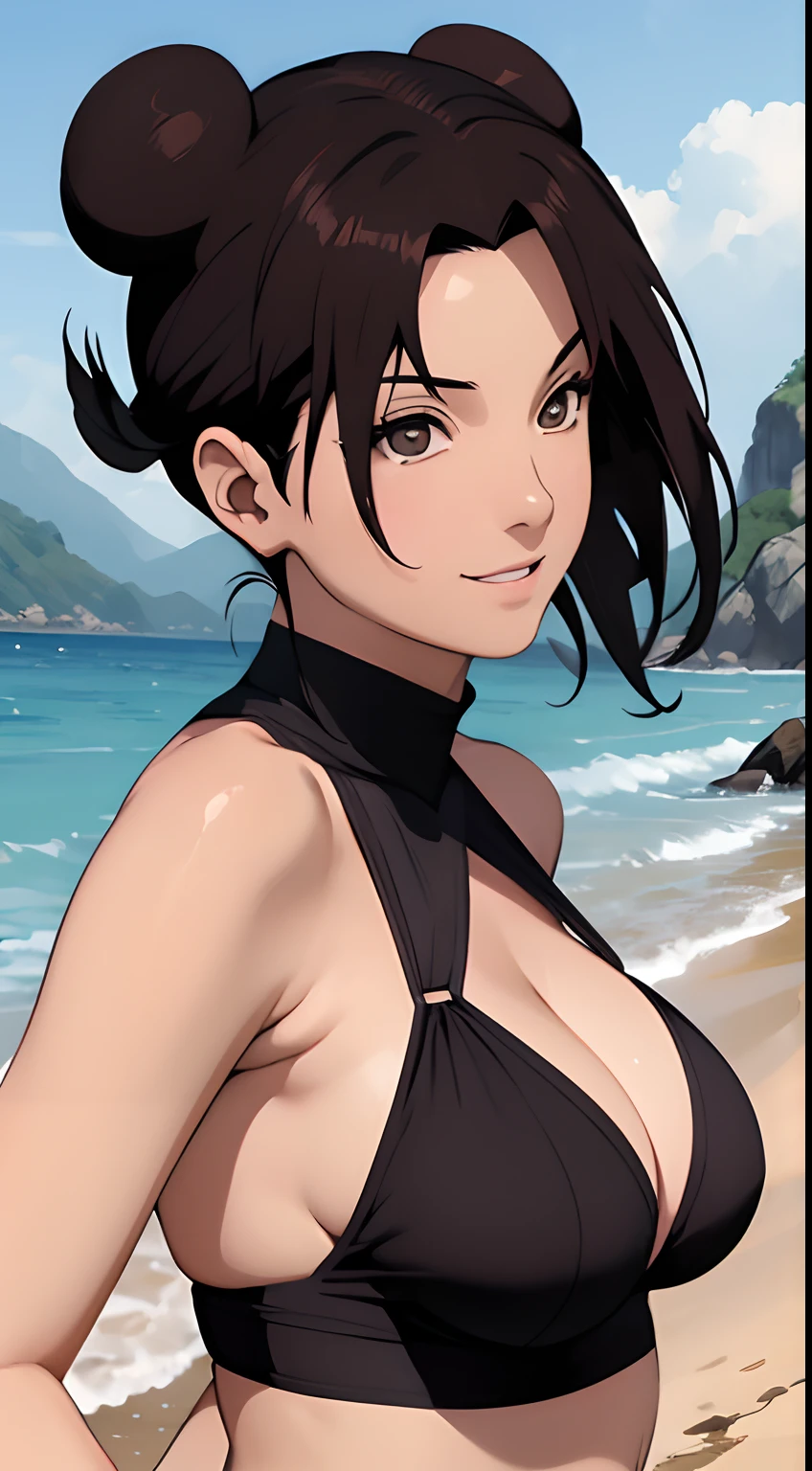 (tmasterpiece:1.3),Black color hair,little breast,ssmile,slightly fat big breasts,Be red in the face,best qualtiy,The is very detailed,Get close to the lens,Delicate and beautiful face,sea beach,rays of sunshine,baiyun,Flying birds