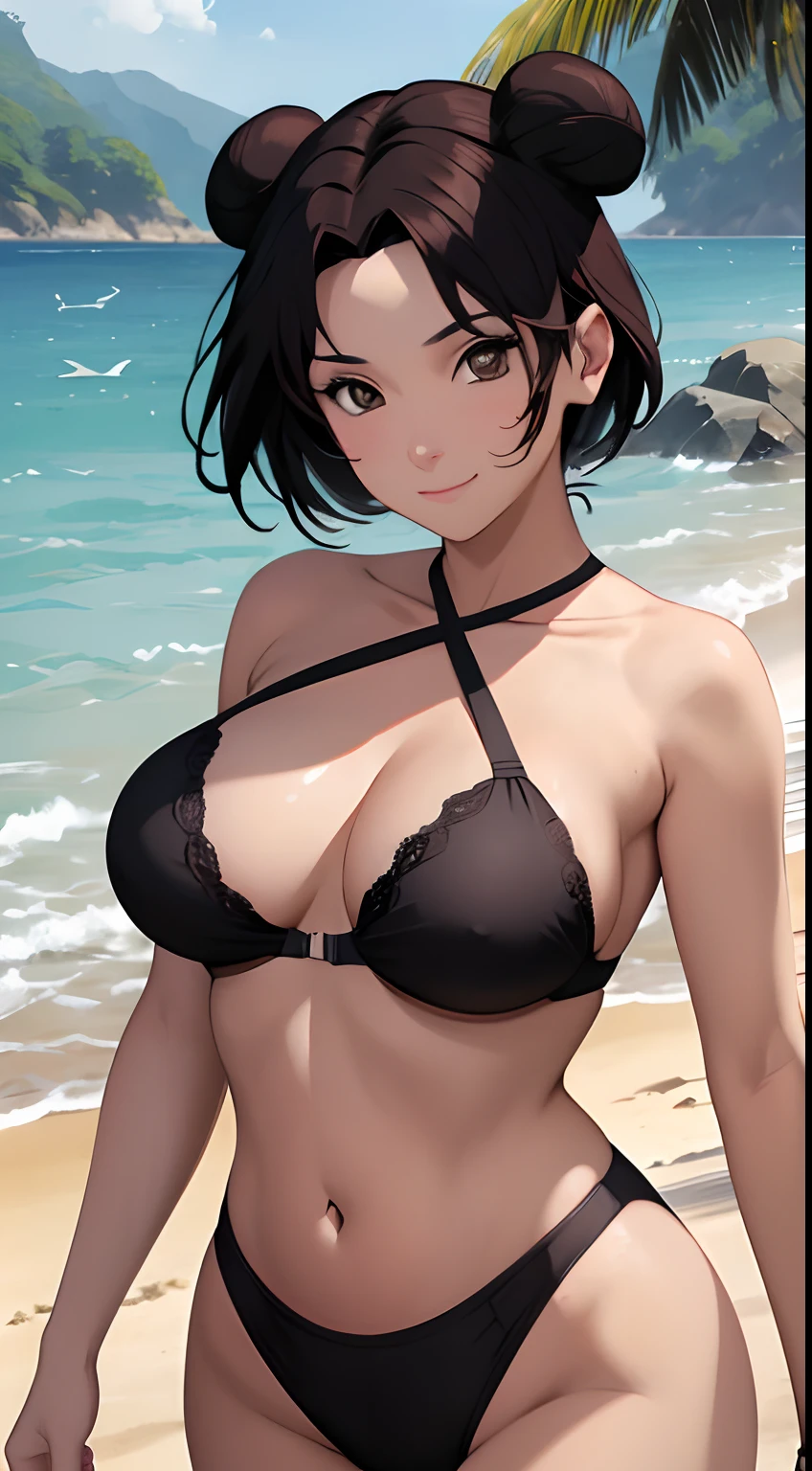 (tmasterpiece:1.3),Black color hair,little breast,ssmile,slightly fat big breasts,Be red in the face,best qualtiy,The is very detailed,Get close to the lens,Delicate and beautiful face,sea beach,rays of sunshine,baiyun,Flying birds