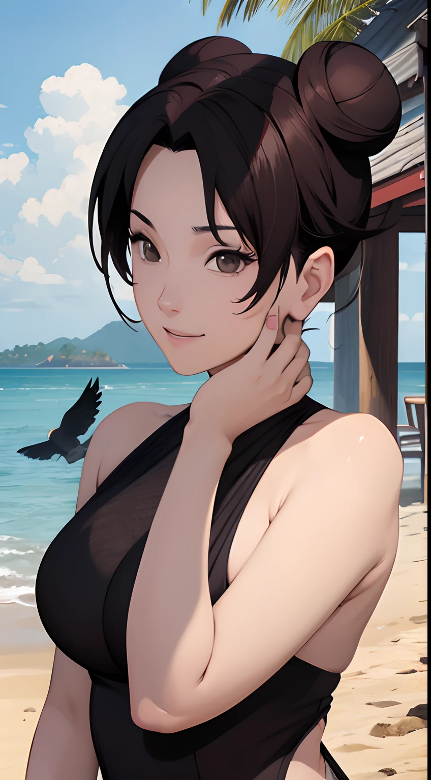 (tmasterpiece:1.3),Black color hair,little breast,ssmile,slightly fat big breasts,Be red in the face,best qualtiy,The is very detailed,Get close to the lens,Delicate and beautiful face,sea beach,rays of sunshine,baiyun,Flying birds