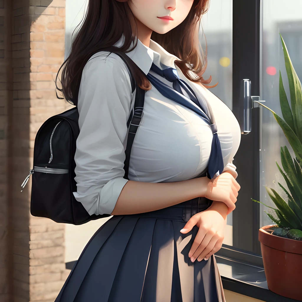 schoolgirls，Large breasts，Cute face，Exudes a thin waist，watered eyes