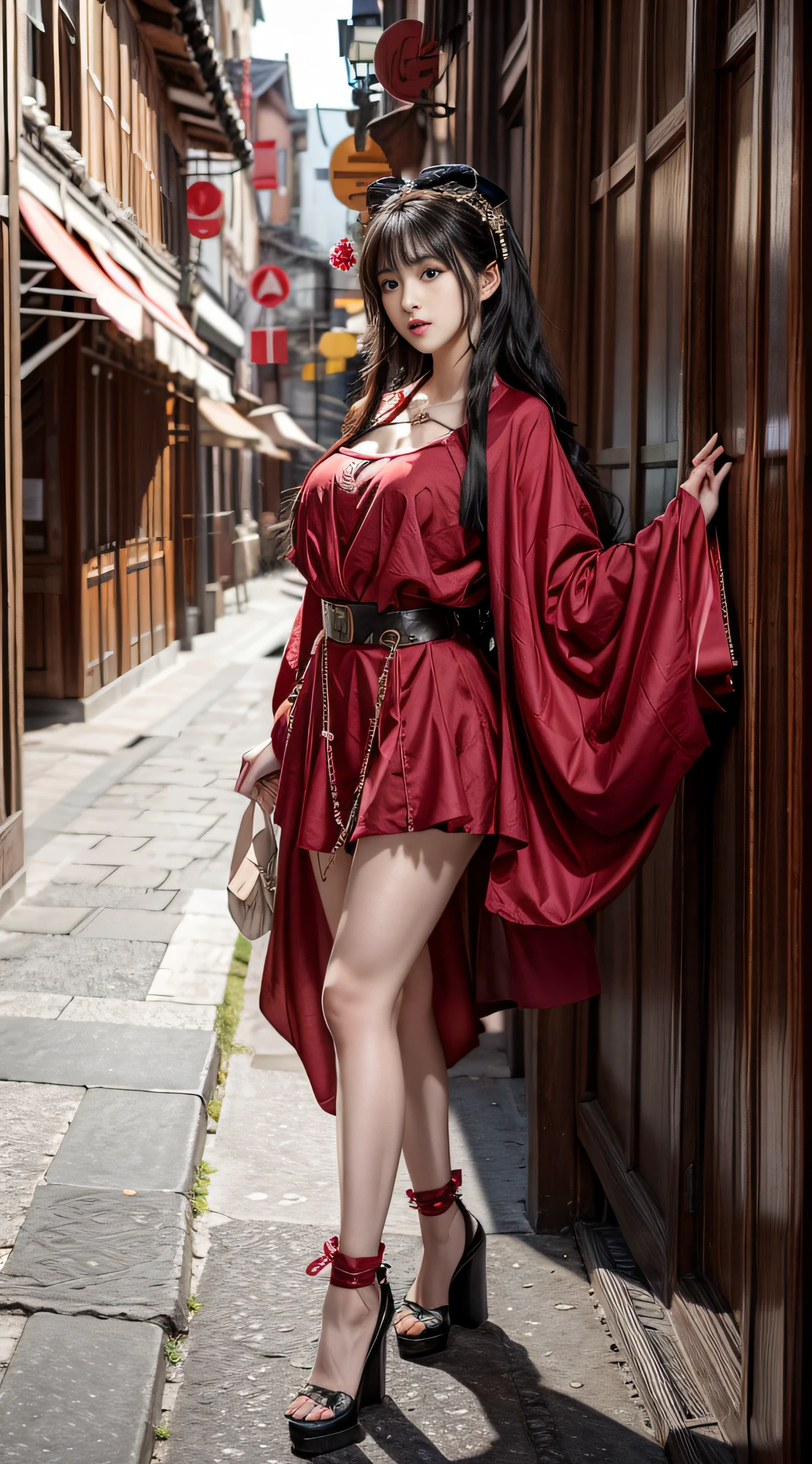 （（Huge breasts）），rays of sunshine，rays of sunshine，（Well-defined abs：1.1），（perfect bodies：1.1），（Long curly hair：1.2），chain，Full body photo，crowding street，Wearing a red sexy uniform，（（short  skirt）），（极其细致的CG 8k壁纸），（Extremely refined and beautiful），（tmasterpiece），（best qualtiy：1.0），（超A high resolution：1.0），realistic shaded，[A high resolution]，Delicate skin，ultra - detailed，A sexy pose，seductiv，（Cleavage is seductive）