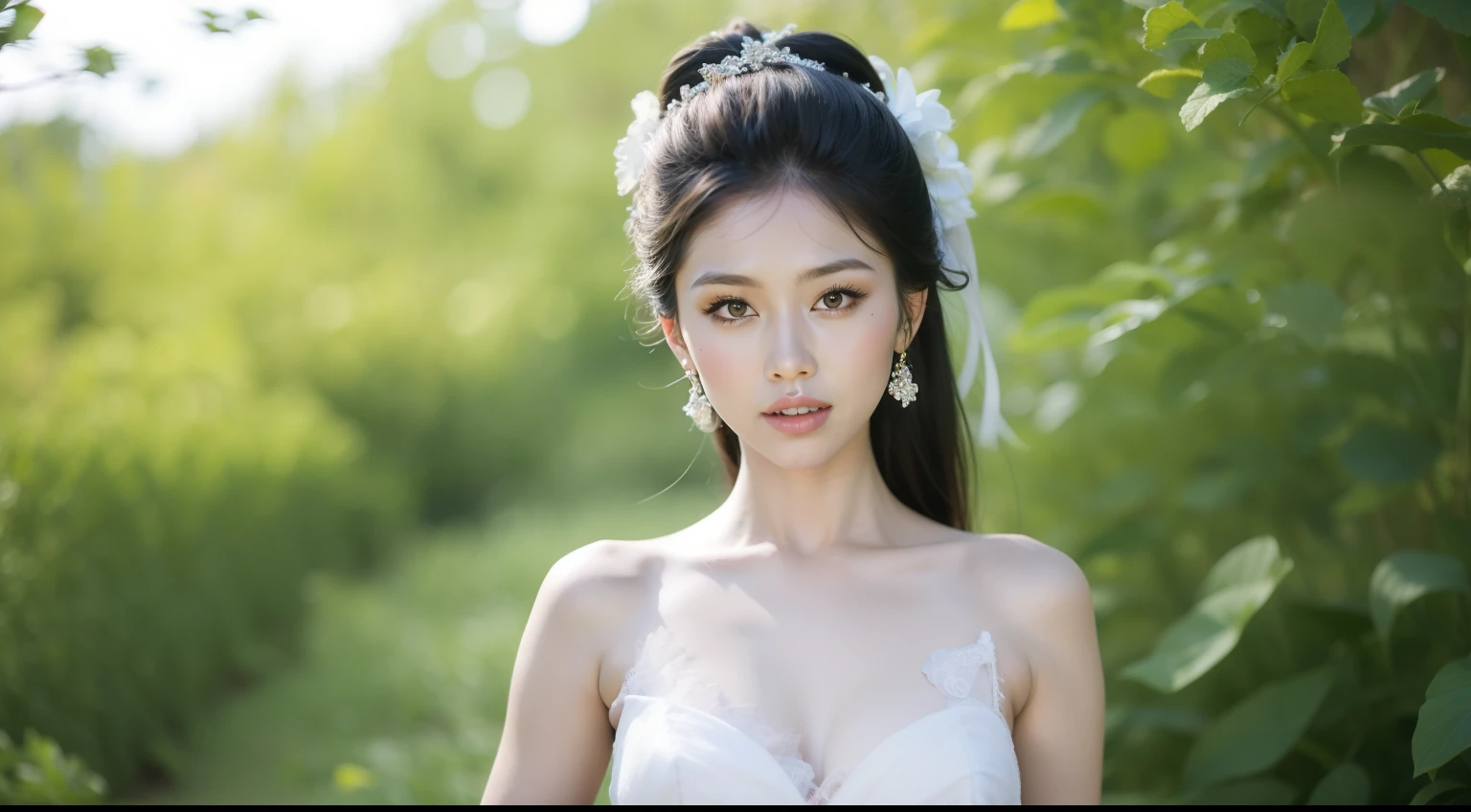 Fashion model  [[[[closeup cleavage]]]]obgasm]]]], [[[[co]], [[[[bshoulders]]]], perfect  eyes, Perfect iris，Perfect lips，perfect teeth，Perfect skin，with fair skin，Long face，Soft front light，hdr，Movie girl，Casual，swing，The background is outdoors，Green trees and flowers，（pastel colour：1.2）