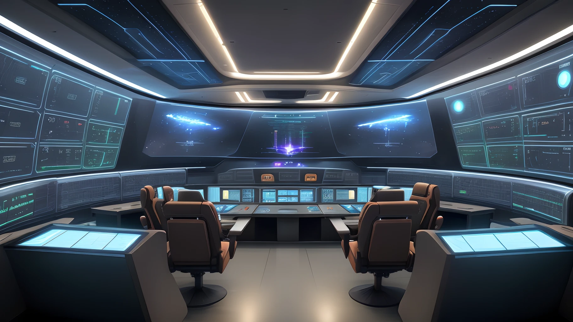 futuristic space battle ship control center with huge information screen and many console panels