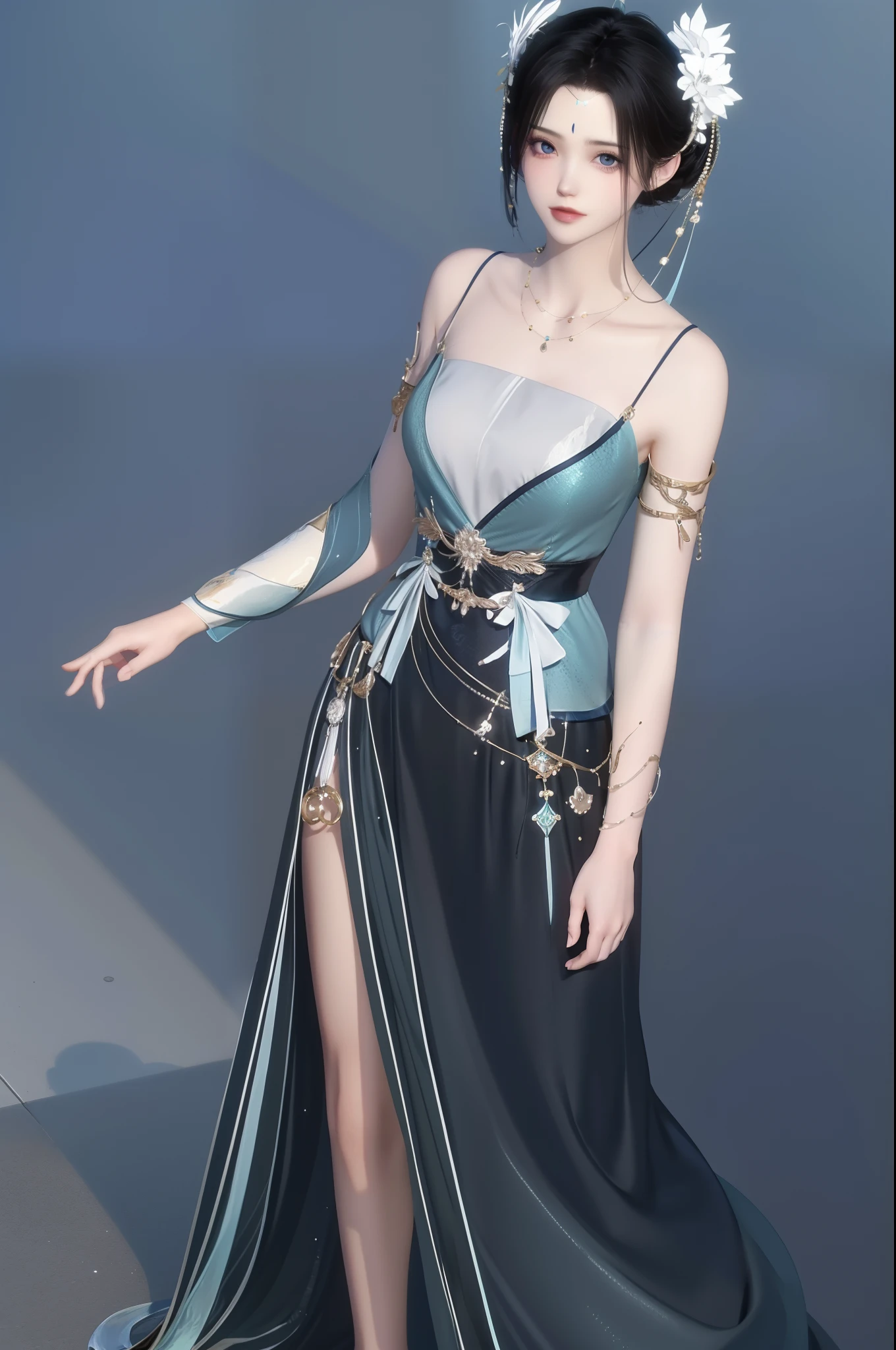 （best qualtiy，tmasterpiece：1.2），超高分辨率，realisticlying，Front lighting，Complicated details，Exquisitedetailsandtextures，（1girll），独奏，The upper part of the body，Blue Hanfu，Petal pattern，Nice big eyes，a blue dress，beauitful face，facing to audience，Streamers，gossamer，（年轻），Facial highlights，Detal Face，tear-mole，white skinned，Silvery hair，High ponytail，looking at viewert，largeeyes，（Openwork pattern），耳Nipple Ring，slimfigure，white backgrounid，correct hand，profesional lighting，photon maping，Radio City，physically-based renderingt