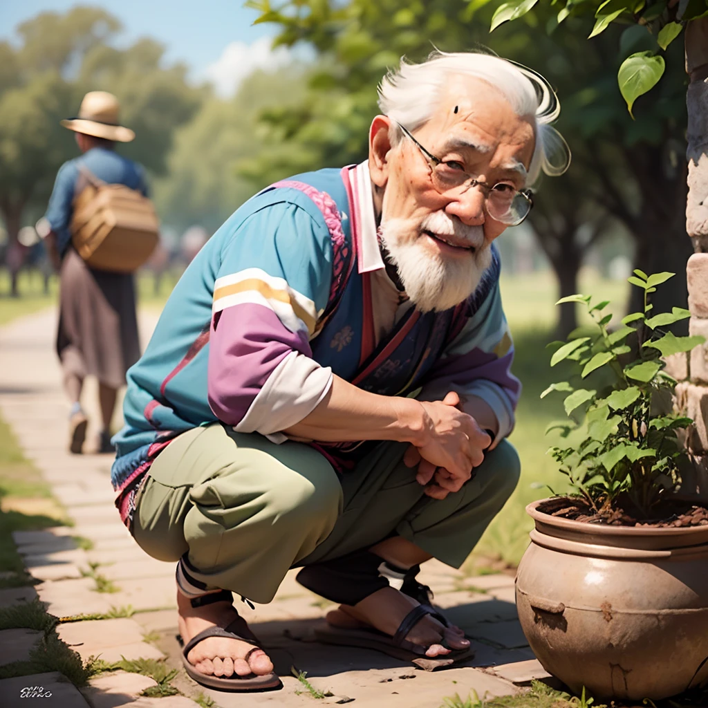 Design a 3D cartoon character of an elderly Malaysian man who embodies the spirit of a kind and gentle grandfather. Create him wearing simple and traditional clothing that reflects his village roots. Focus on crafting a character with a warm and endearing smile that exudes kindness and humor. Place him in a serene village or lush orchard setting, capturing his connection to nature. Design the character in full body, ensuring attention to detail from head to toes to convey his unique personality and story. The character's appearance should evoke a sense of familiarity and nostalgia, inviting viewers to connect with his wisdom and the simple joys of village life. --auto --s2
