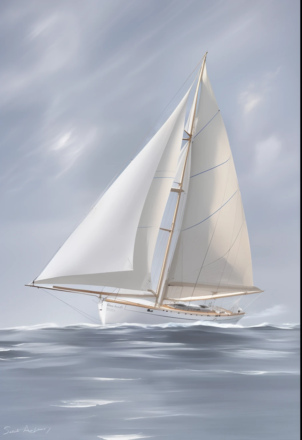Draw a sailboat with white sails on the blue ocean, Sail ships, Sail ships, sails, Sail, On the sea, author:Thomas Dazier, On the ocean, Set sail, overcast day, digital painted, Inspired by Fitz Hugh Lane, Inspired by Wilhelm van der Wilde the Elder, Inspired by Fitz Henry Lane, he's on an old sailing boat