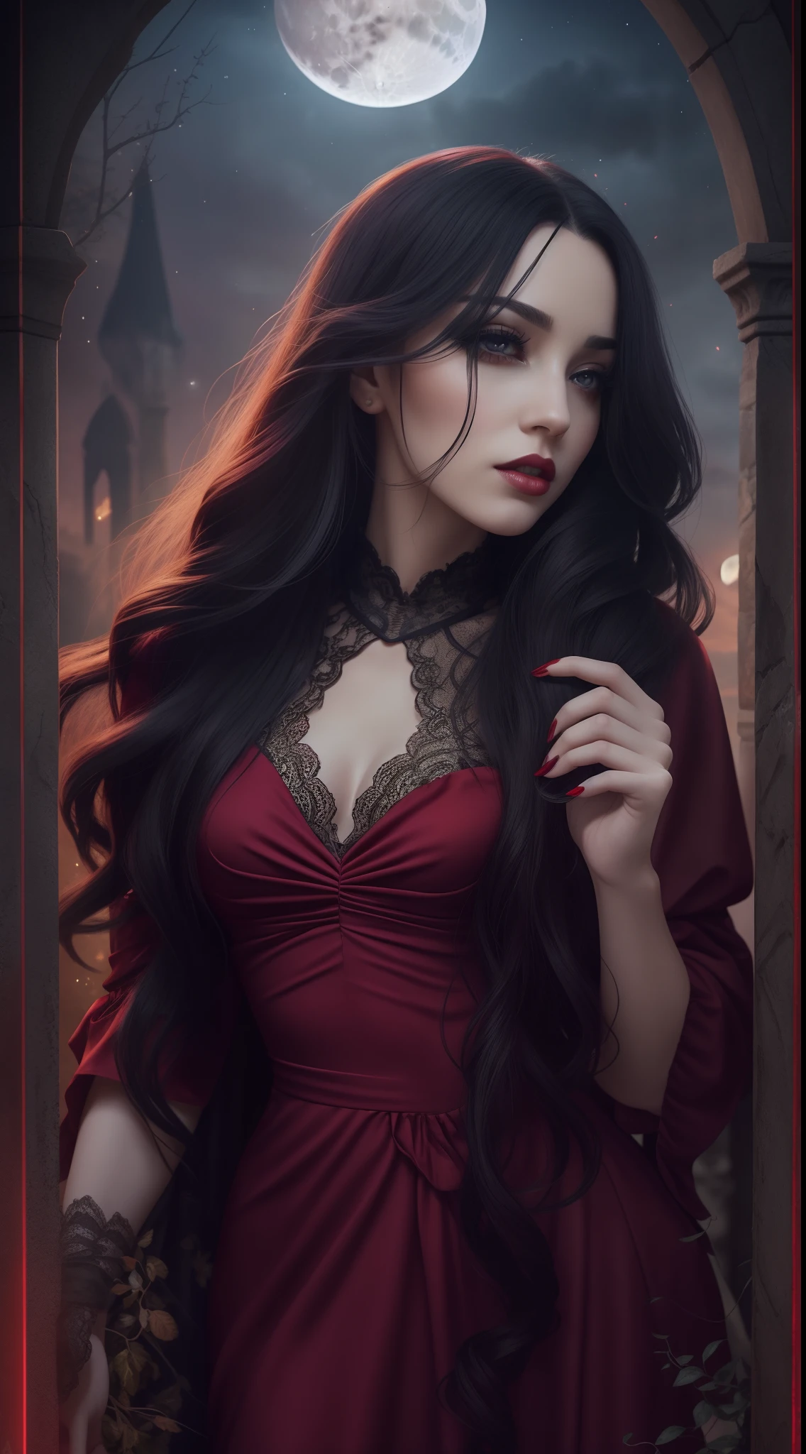 A Pretty Rogue with
Long black hair and captivating eyesBald skin and slightly reddish lips ((long red dress))and fluid with lacy detailsConfident and seductive pose, holding a fanNight scenery in an ancient Gothic castle, with the full moon in the sky