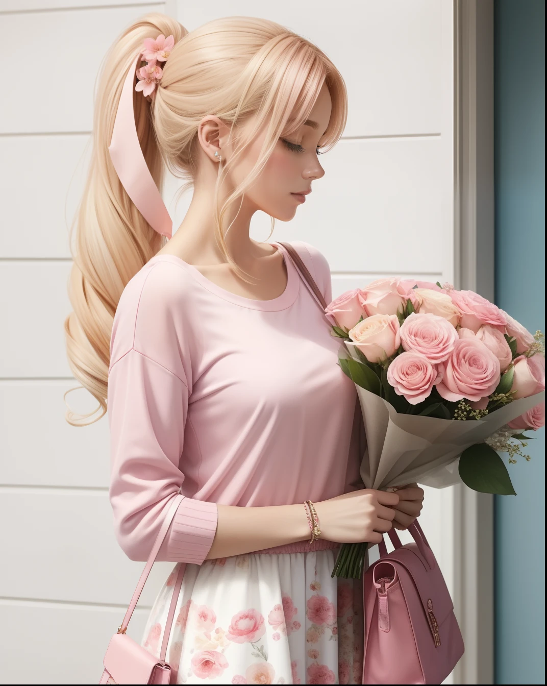 watercolor illustration shows a woman with a pretty blonde ponytail held back by an elastic band, carrying a bouquet of pink flowers. She is wearing a pink top that matches the color of the flowers, giving the scene a harmonious and elegant look. The woman still has a pink bag to complement the outfit and carry her belongings. The pink color theme adds a touch of femininity and warmth to the scene. The woman's straight hair, along with her choice of clothing and accessories, creates a visually appealing look.