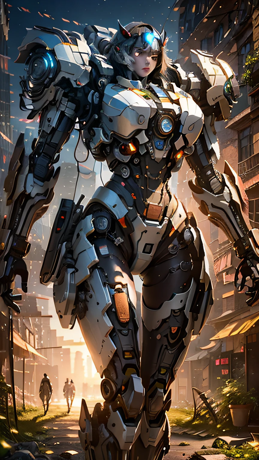 ((Best Quality)), ((Masterpiece)), (Very detailed:1.3), 3D, Shitu-mecha, Beautiful cyberpunk woman with her mech in a dilapidated factory building, futuristic technology, HDR (High Dynamic Range), ray tracing, NVIDIA RTX, Super Resolution, Unreal 5, Subsurface scattering, PBR textures, Post-processing, Anisotropic filtering, Depth of field, Maximum sharpness and sharpness, Multi-layer textures, Albedo and highlight maps, Surface shading, Accurate simulation of light-material interactions, perfect proportions, octane rendering, duotone lighting, low ISO, white balance, rule of thirds, wide aperture, 8K RAW, efficient sub-pixels, subpixel convolution, luminescent particles, light scattering, Tyndall effect