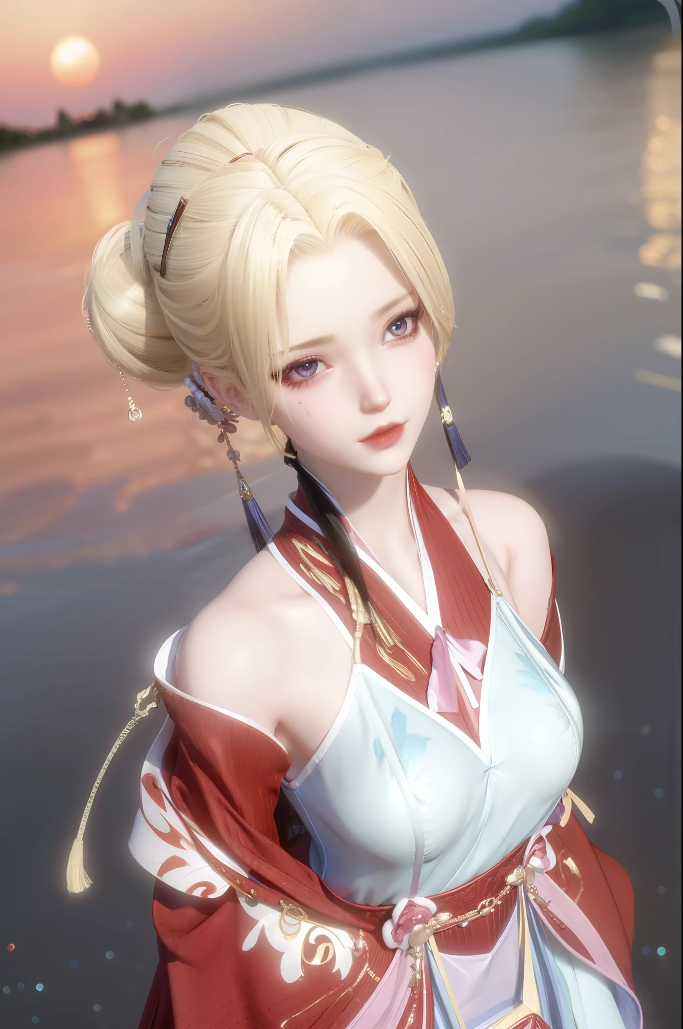 （best qualtiy，tmasterpiece：1.2），超高分辨率，realisticlying，Front lighting，Complicated details，Exquisitedetailsandtextures，（1girll），独奏，The upper part of the body，red color Hanfu，Petal pattern，Nice big eyes，Red dress，beauitful face，facing to audience，Streamers，gossamer，（年轻），Facial highlights，Detal Face，tear-mole，white skinned，Silvery hair，High ponytail，looking at viewert，largeeyes，（Openwork pattern），耳Nipple Ring，slimfigure，white backgrounid，correct hand，profesional lighting，photon maping，Radio City，physically-based renderingt