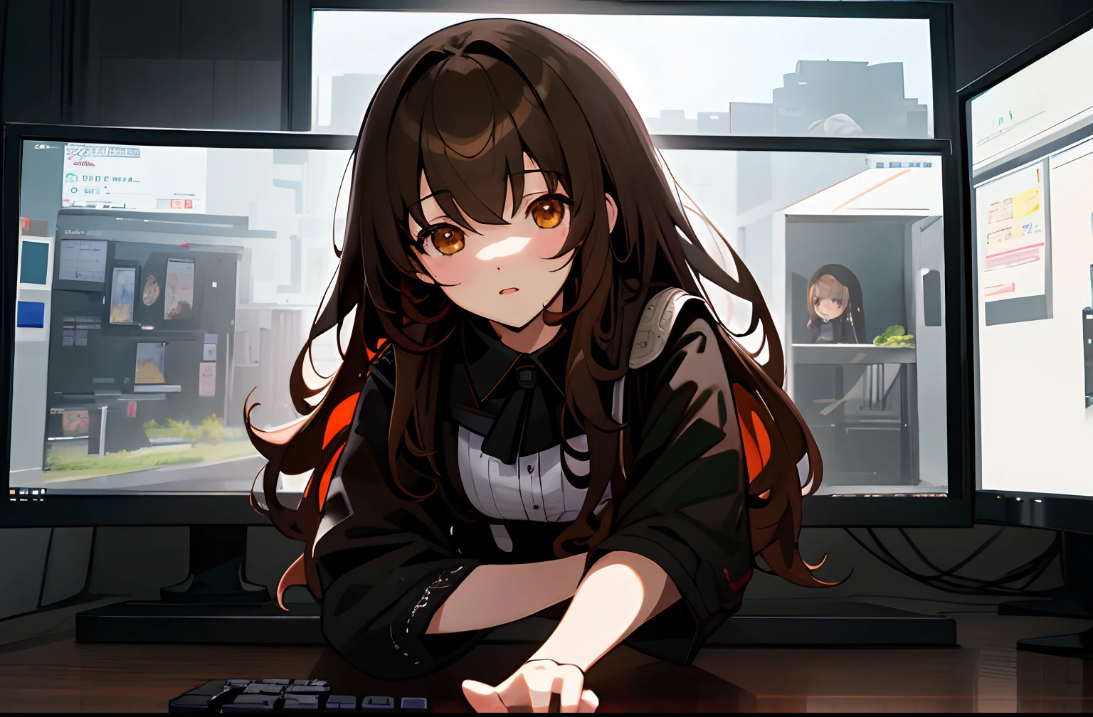 Best quality, Masterpiece, finely detailed, Beautiful eyes, high-resolution illustrations, hyper-detailing, A high resolution, Intricate details, com rosto detalhado, High quality anime, Solo, 1girll, 
Through_screen, Computer, desk, monitor, tabletop, keyboard, UMP45