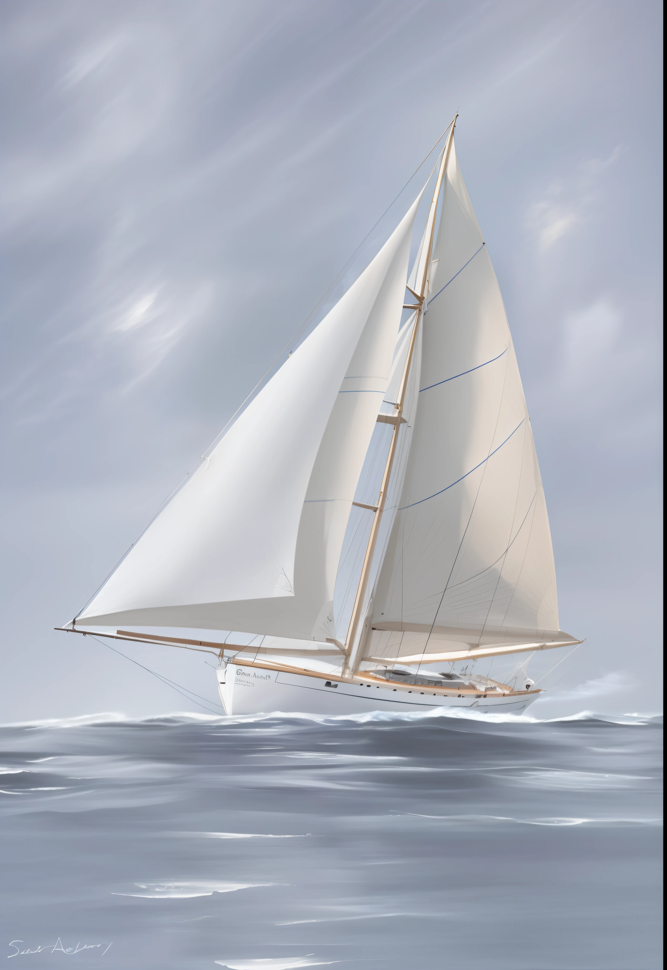 Draw a sailboat with white sails on the blue ocean, Sail ships, Sail ships, sails, Sail, On the sea, author:Thomas Dazier, On the ocean, Set sail, overcast day, digital painted, Inspired by Fitz Hugh Lane, Inspired by Wilhelm van der Wilde the Elder, Inspired by Fitz Henry Lane, he's on an old sailing boat