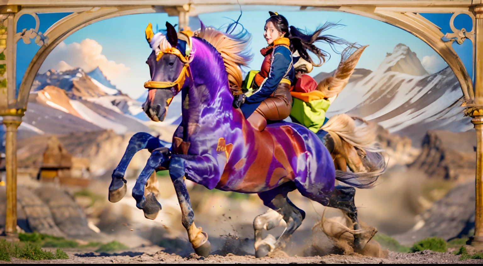 8 horses，Ultra-grand scenes，super wide shot，1#Horse one o'clock Pegasus，2#Horse: Three o'clock elf dragon horse，3#Horse nine o'clock unicorn，4#Horse four o'clock mechanical horse，5#Horse prime point wind elf horse，6#Ma had a nightmare at seven o'clock，7#Dial center knight，8#The horse randomly enters the chaos horse。Extremely special and rare eight horses surround each other，Gallop across the steppe like a clock。The vast plains of the epic scene are rich in aquatic plants，In the distance is the snow-capped summit of Mount Everest，Snow creek flows into the sea，At the other end is the magnificent giant city，The horse team entered and exited from the city gate。
The Lightcast Pegasus from the Supreme Heaven has a rainbow aperture from the Supreme Heaven，She rides between light and pure，No additional ornaments are needed to highlight her dignity and holiness，Even the sky showed her a clear sky，She has a deep enmity with the nightmare heavy ride from hell，The two never put their heads next to each other，Surrounded by sulphurous flames, the Hellmare Heavy Ride makes every time a horse's hooves fall, stepping flat grass out of the lava from the ground，The sky in the steppe is brighter，It makes the earth deeper。
The wind wings of the wind elf horse let its position be erratic，She carries a cyan aperture lightly and always can't help but tease the mechanical horse，The mechanical horse is full of mecha beauty，The shoulder back position always reveals delicate mechanical fittings，Four kicks with a hydraulic pump and electromagnetic ejection device。
Unicorns want to steal all horses from their pure and flawless beauty，But on the side, the fairy dragon horse is comparing with it，Their unique elven-patterned armor and colorful saddles make them the most stylish horses。
The female knight is charging on her knightly warhorse，Her lofty ideals made her will unstoppable，There is no doubt that she is the protagonist of this picture。And a chaotic horse from uncharted territory，It blends i