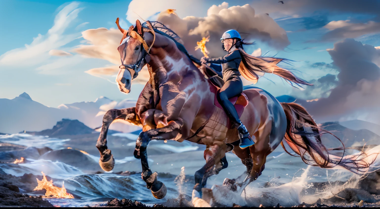 8 horses，Ultra-grand scenes，super wide shot，1#Horse one o'clock Pegasus，2#Horse: Three o'clock elf dragon horse，3#Horse nine o'clock unicorn，4#Horse four o'clock mechanical horse，5#Horse prime point wind elf horse，6#Ma had a nightmare at seven o'clock，7#Dial center knight，8#The horse randomly enters the chaos horse。Extremely special and rare eight horses surround each other，Gallop across the steppe like a clock。The vast plains of the epic scene are rich in aquatic plants，In the distance is the snow-capped summit of Mount Everest，Snow creek flows into the sea，At the other end is the magnificent giant city，The horse team entered and exited from the city gate。
The Lightcast Pegasus from the Supreme Heaven has a rainbow aperture from the Supreme Heaven，She rides between light and pure，No additional ornaments are needed to highlight her dignity and holiness，Even the sky showed her a clear sky，She has a deep enmity with the nightmare heavy ride from hell，The two never put their heads next to each other，Surrounded by sulphurous flames, the Hellmare Heavy Ride makes every time a horse's hooves fall, stepping flat grass out of the lava from the ground，The sky in the steppe is brighter，It makes the earth deeper。
The wind wings of the wind elf horse let its position be erratic，She carries a cyan aperture lightly and always can't help but tease the mechanical horse，The mechanical horse is full of mecha beauty，The shoulder back position always reveals delicate mechanical fittings，Four kicks with a hydraulic pump and electromagnetic ejection device。
Unicorns want to steal all horses from their pure and flawless beauty，But on the side, the fairy dragon horse is comparing with it，Their unique elven-patterned armor and colorful saddles make them the most stylish horses。
The female knight is charging on her knightly warhorse，Her lofty ideals made her will unstoppable，There is no doubt that she is the protagonist of this picture。And a chaotic horse from uncharted territory，It blends i