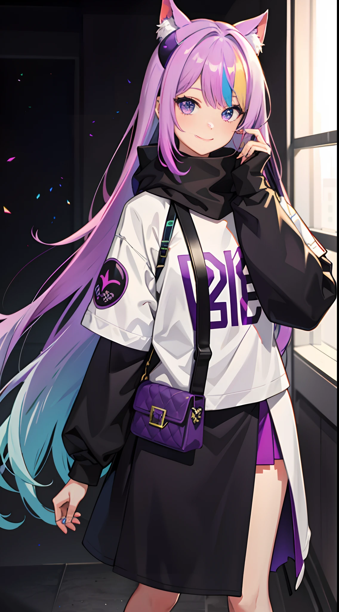 1girl,Rainbow gradient hair,Purple eye,Wear a mask on your head,Sideslit,light particules,the wallpaper,ssmile
