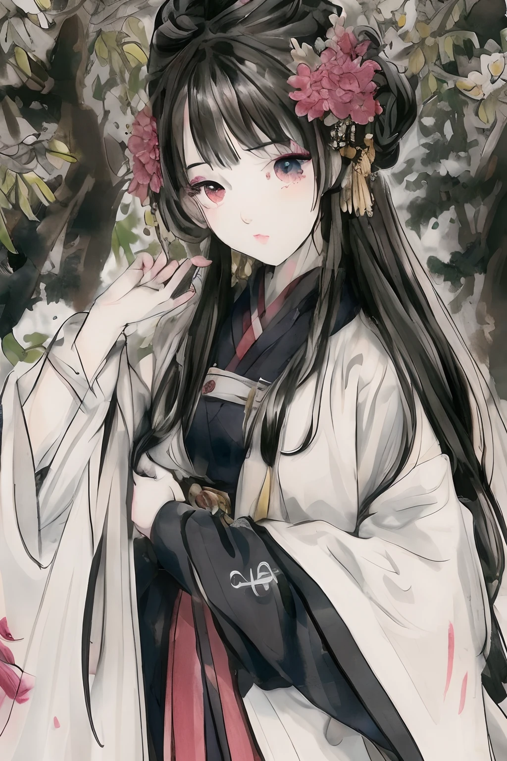 shuimobysim, (white background:1.4), ((tachi-e)), original,(illustration:1.1),(best quality),(masterpiece:1.1),(extremely detailed CG unity 8k wallpaper:1.1), (colorful:0.9),(panorama shot:1.4),(full body:1.05),(solo:1.2), (ink splashing),(color splashing),((watercolor)), clear sharp focus,{ 1girl standing },((chinese style )),(flowers,woods),outdoors,rocks, looking at viewer, make happy expressions,soft smile,pure,beautyfull detailed face and eyes,beautyfull intricacy clothing decorative pattern details, black hair,black eyes,