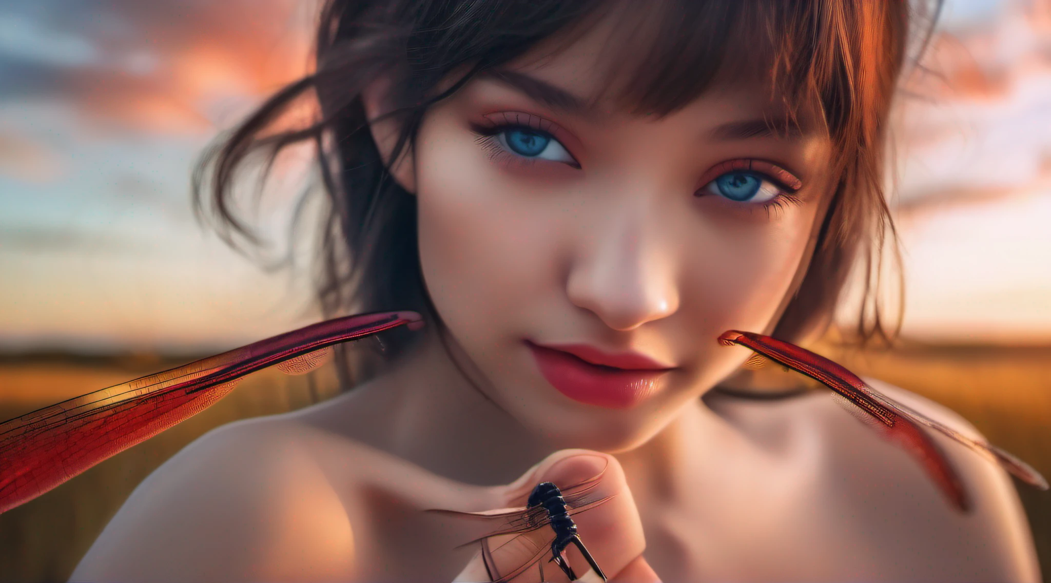 A red dragonfly is perched on the fingers of a beautiful girl,beautiful countryside sunset,, full body, short hair, blue eyes, undressed