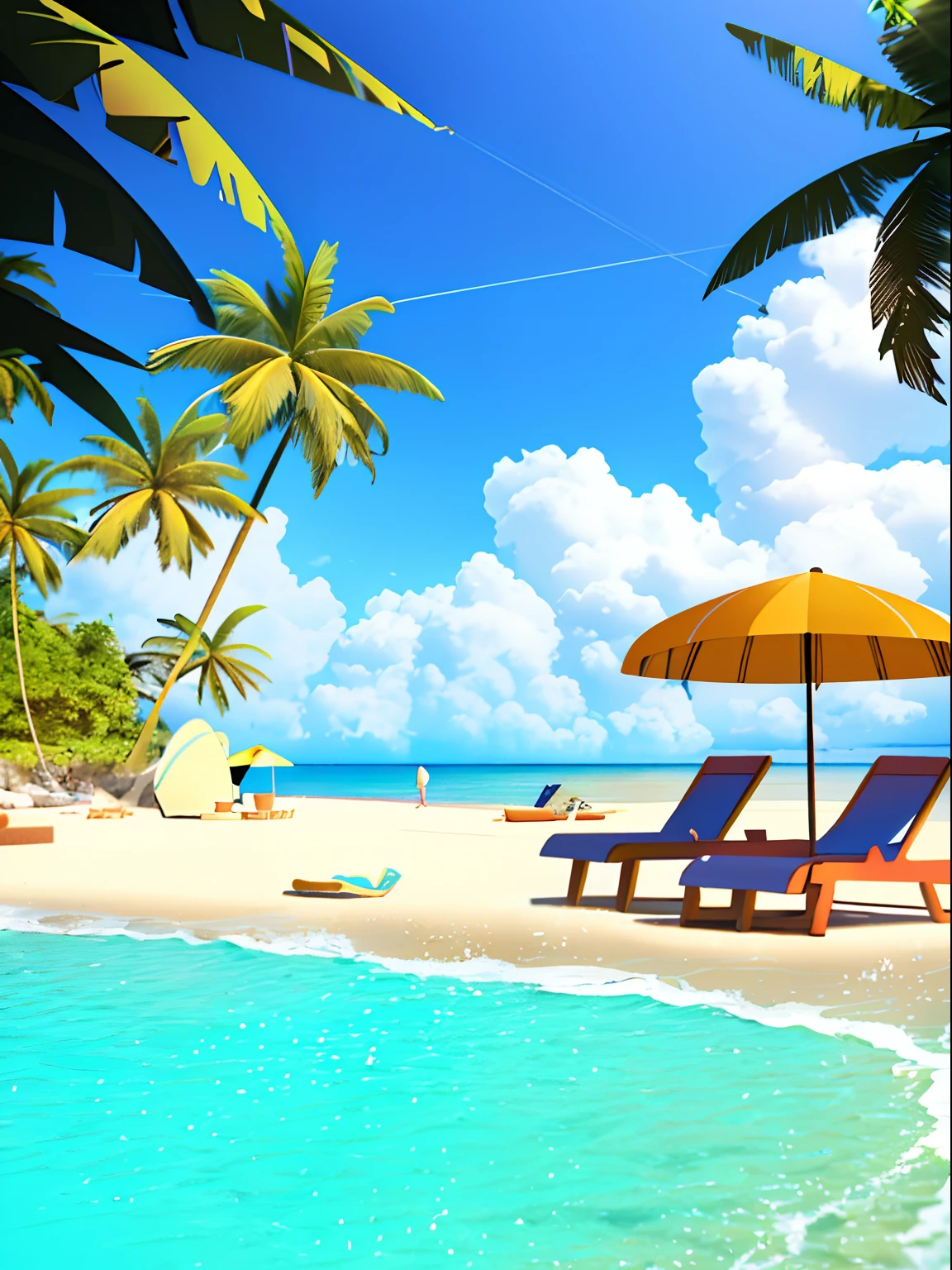 A golden beach in the sea, blue sky, a few coconut trees and beach chairs on the beach, surreal style, clay material, surfboard,C4D rendering, blender, 3D scene, from behance, ultra-detailed, ultra-high-definition -ar3:4 --s 750 --niji 5 --style expressive --g 2