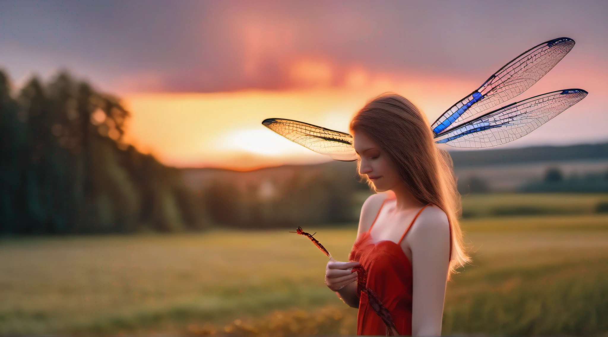 A red dragonfly is perched on the fingers of a beautiful girl,beautiful countryside sunset,14yo, full body, short hair, blue eyes, undressed