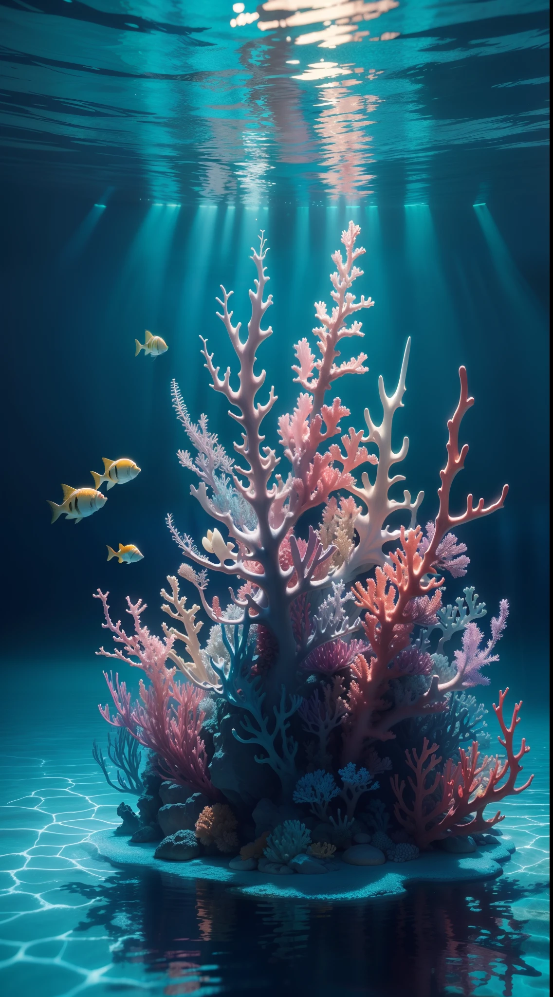 "Underwater serenity with vibrant marine life, showcasing the beauty of the ocean depths. Crystal clear water, vibrant coral reefs, and a diverse array of colorful fish gracefully swimming. Captivating sunlight streaming through the water, creating mesmerizing light reflections.+"