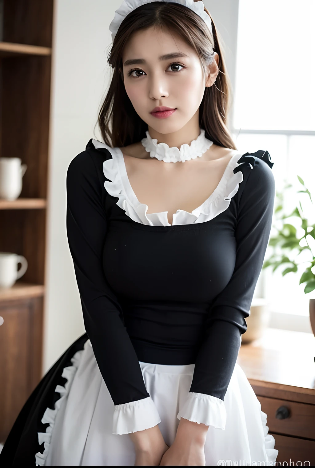 maid,bow,long sleeves, black sleeves, dark brown long tights, frill apron, long apron,cute,Mature milf lad,super cute,full body,nice perfect face with soft skin perfect face,gorgeous long wavy brown-haired,8K resolution,ultra-realistic,ultra-detailed,highs quality,gigantic breasts:1.4)