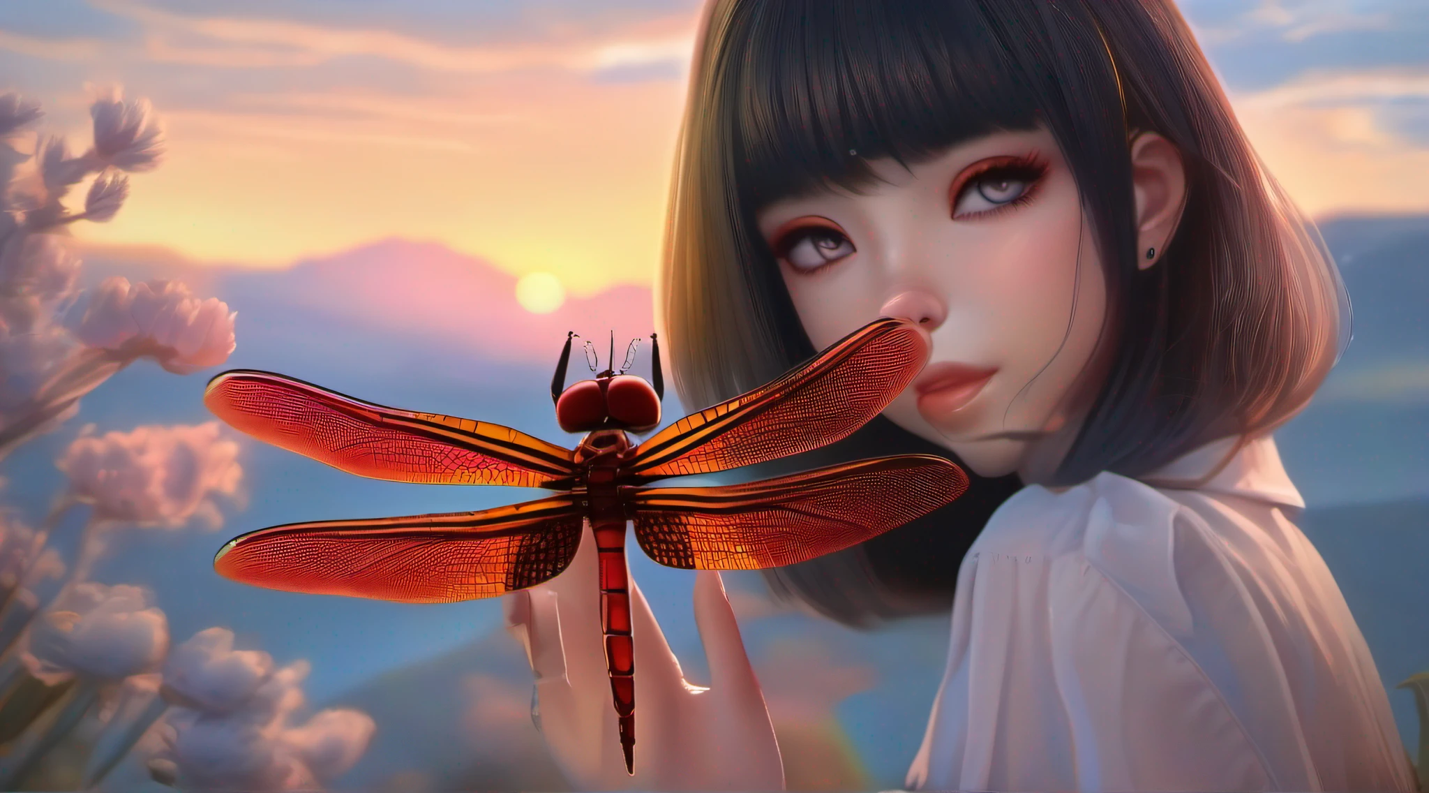 A red dragonfly is perched on the fingers of a beautiful girl,beautiful countryside sunset,14yo, full body, short hair, blue eyes, undressed