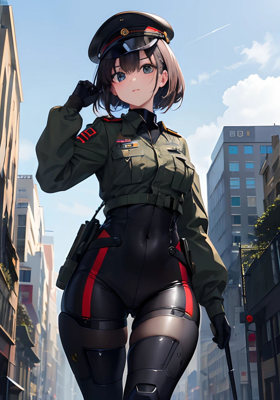 (Excelente, profissional, surreal), towering buildings rise from the ground to form a magnificent landscape of the futuristic city. Adolescente Usando uma arma, Usando roupas militar, Its arms are equipped with powerful energy weapons and are ready to meet the challenges of battle. vemos uma adolescente impressionante, destacando sua figura perfeita. Wearing miLitar clothes contrasts with the meta-like texture of the robot, showing a unique visual effect. The girl's firm and resolute eyes show that she is fearless (the girl is in good shape, usando roupas militares, mostrando o umbigo, peitos enormes) ((seios super enormes))