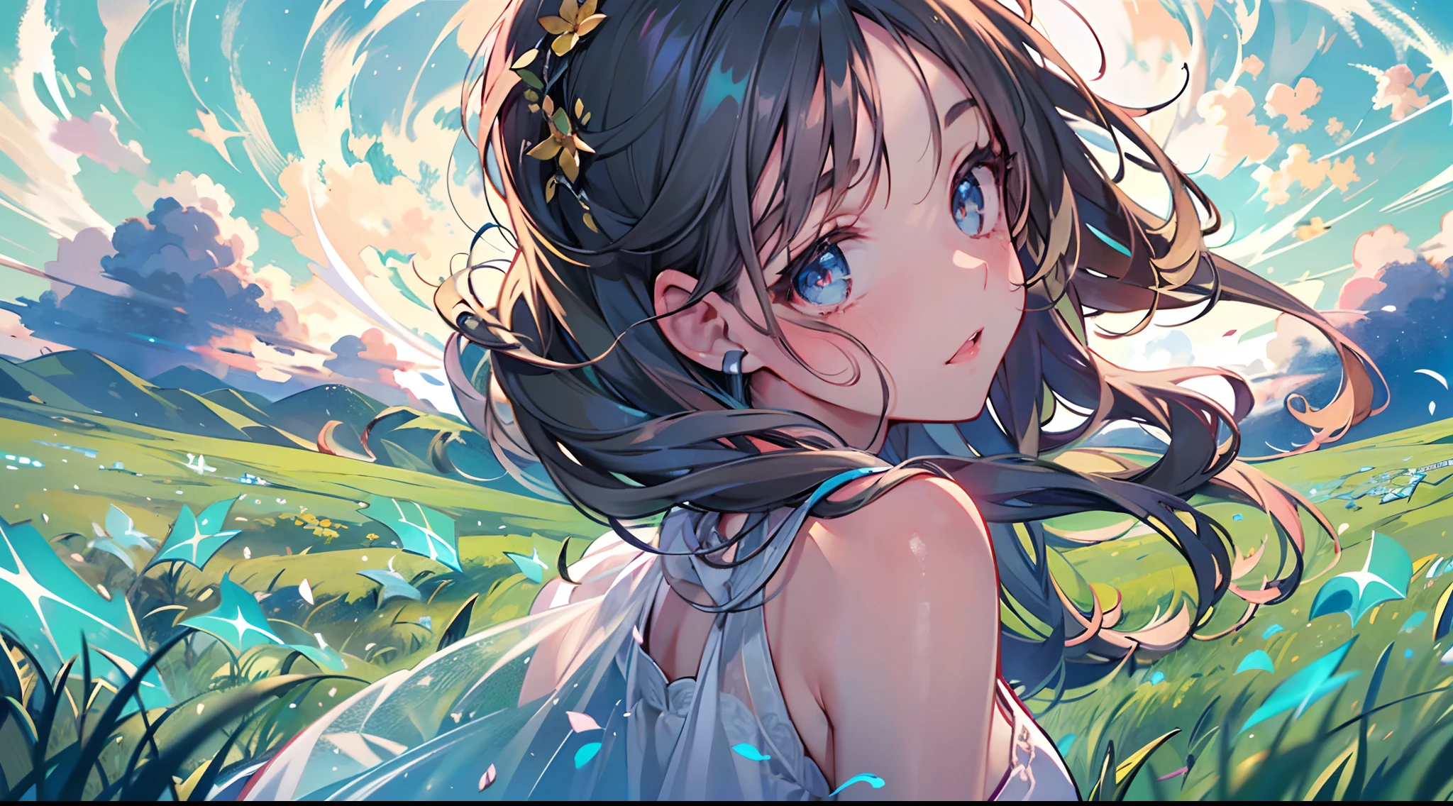 (Masterpiece, top quality, super detailed CG, ultra detailed beautiful face and eyes, super detailed, intricate details:1.2), 8k wallpapers, elaborate features,
(1 person, solo:1.4)perfect cartoon illustration,(1 person, solo:1.4)
(realistic textures:0.8), high res, cute, (vivid colors, dynamic lighting:1.0), (high contrast:0.8),
Perfect animated illustration, one young woman standing in a vast meadow, pretty face, long glossy hair, white skin, wearing only one calf-length dress, blue phosphorescence surrounding her, meadow stretches far and wide before her eyes, the place is fantastic, the sky is dark, but the sky is bright with stars and a big aurora shining brightly, a gentle wind is blowing, the wind is blowing in the air. A vast meadow, the time is dark at night, but the stars and the big moon are shining brightly in the sky, a thin aurora is spreading in the distance, a gentle wind is blowing, wind-blown grass is flying in the air, there is no other person, her whole body is in the illustration.