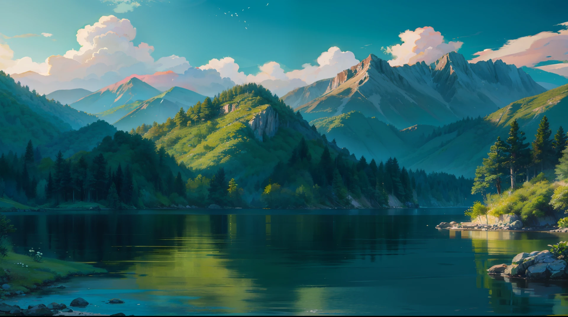 best qualityer，Natural landscape painting style，Green Mountains and Green Water，White clouds are ethereal，The jungle is dense，flowers blooming，The lake sparkles，The pine tree stands tall。