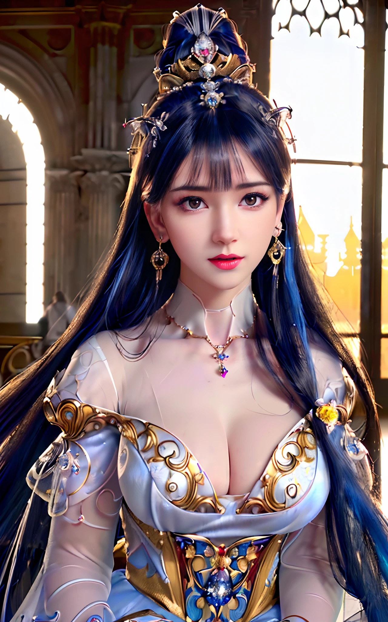 ((realisticity: 1.2)), ((realistic: 8K UHD)), ((best resolution: 8K UHD)), hyper detailed, best quality,masterpiece,highres,cg,
((1 hyper detailed and hyper realistic girl)), ((very beautiful queen dazzling, hyper realistic, and hyper detailed)),((white skin, beautiful, smooth, youthful, hyper realistic and hyper detailed
)), ((Hyper beautiful face, white, hyper realistic and hyper detailed)), long hair, ((hyper realistic and hyper detailed dress)), solo, ((hyper realistic, hyper beautiful, gorgeous and hyper detailed jewelry)), ((hyper beautiful, hyper realistic and hyper detailed dark red and golden yellow dress)),
((Hyper beautiful, hyper realistic, hyper detailed diamond filled earrings)),
((Hyper beautiful, hyper realistic and hyper detailed diamond filled hair ornament)), ((hyper beautiful upper body, hyper beautiful, hyper
realistic and hyper detailed)), ((big breasts: 2.5)),
((Hyper grand, hyper realistic and hyper detailed royal palace backgroun))
((Hyper beautiful, hyper beautiful, hyper realistic and hyper detailed hair bun)), ((hyper beautiful, hyper realistic and hyper detailed blue hair)),
candid, Photograph, high resolution, 8k,Bokeh,