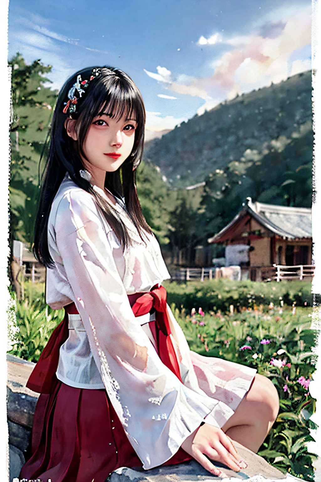 stechu,(white background:1.4), ((tachi-e)), original,(illustration:1.1),(best quality),(masterpiece:1.1),(extremely detailed CG unity 8k wallpaper:1.1), (colorful:0.9),(panorama shot:1.4),(solo:1.2), (ink splashing),(color splashing),((watercolor)), clear sharp focus,{ 1girl standing },((korean style )),flower background,outdoors,rocks, looking at viewer, make happy expressions,soft smile,pure,beautyfull detailed face and eyes,beautyfull intricacy clothing decorative pattern details, black hair,black eyes,colorwater