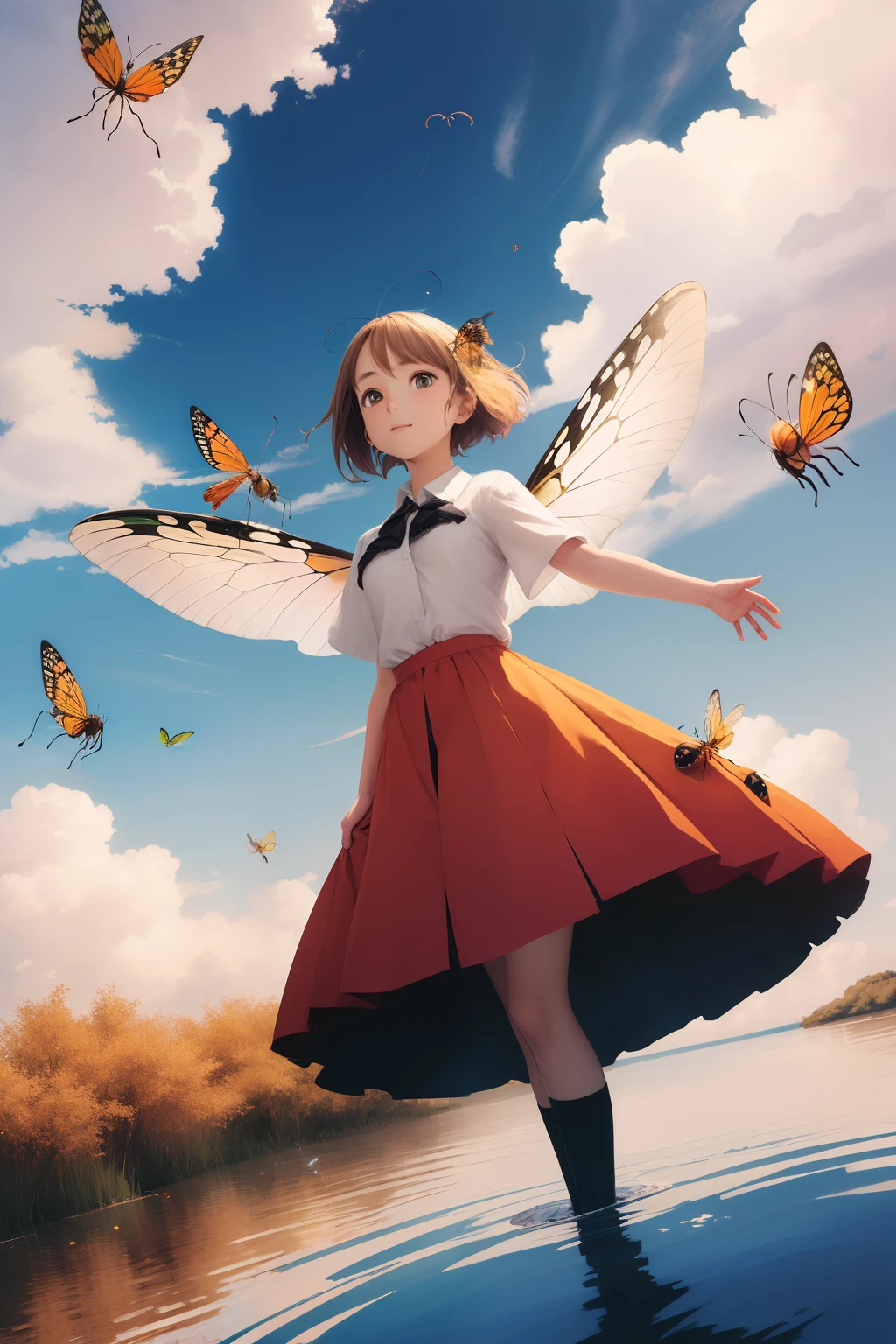 (girl:1.2),(Floating:1.1),(insects:1.1),Centered,Character Sideways,full body,clouds,Daytime,