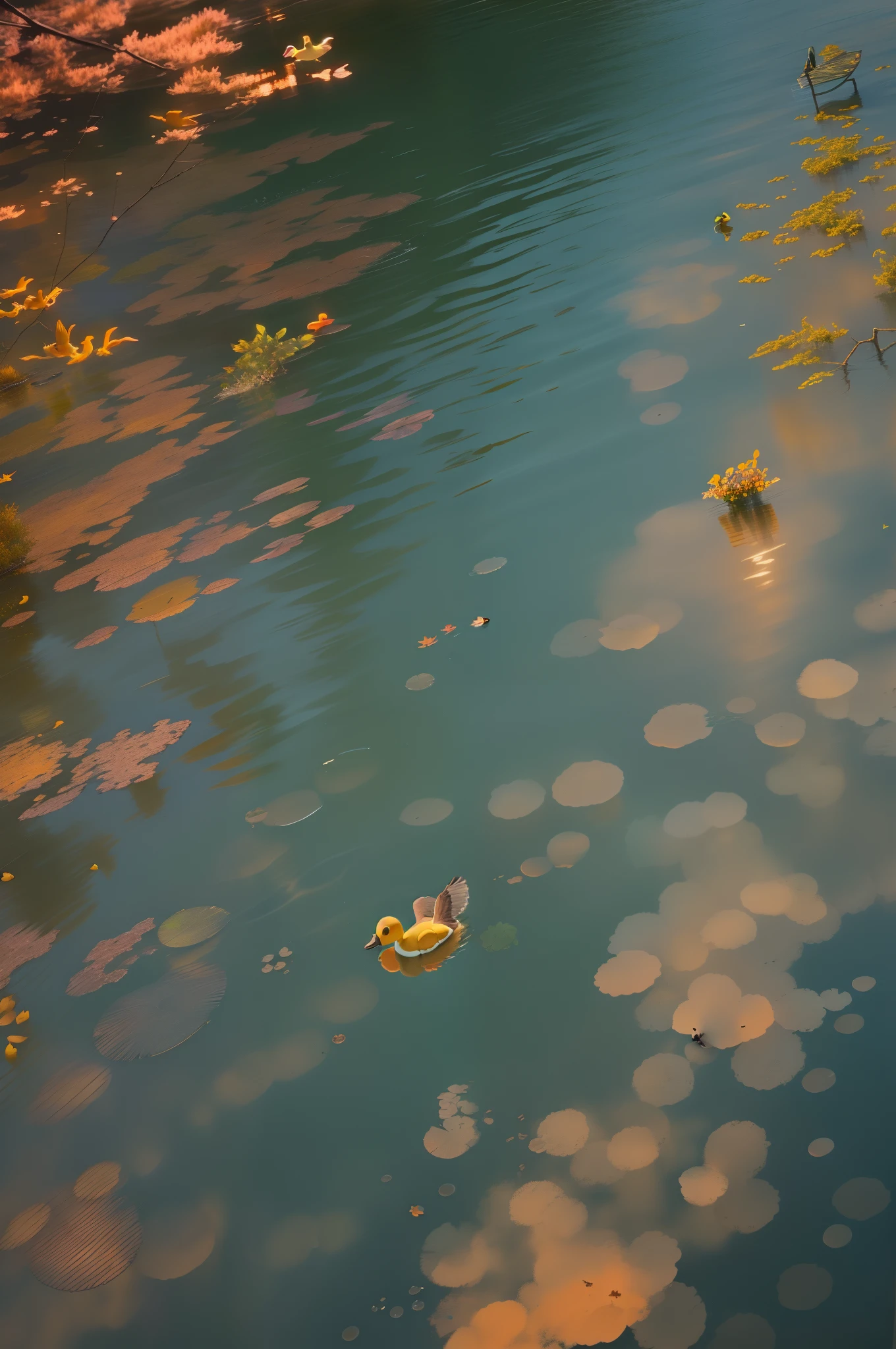 The sunset and the lone duck fly together, and the autumn water is the same color as the sky