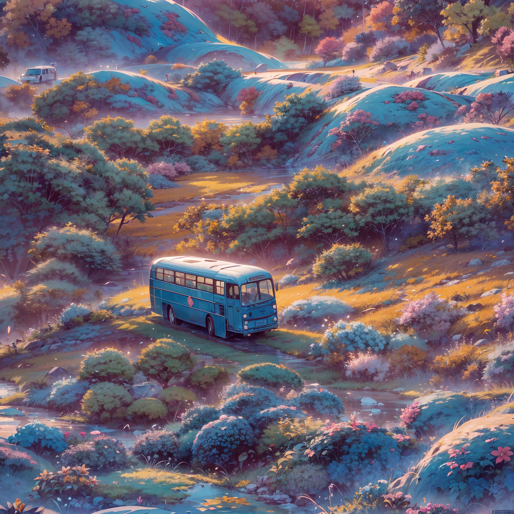High Angle, Candid Establishing Shot, (well-loved vintage blue bus), (traveling west in to sunset, away from viewer), (soft pink orange sunset reflecting off glass and chassis), object focus, dented metal and enamel flank, vast landscape, sense of movement and journey, hope and resilience, masterpiece, masterwork, meticulous, intimate, nuanced, highest quality, highest fidelity, highest resolution, highres, highest detail, hyper-detailed, (detail enhancement), deeply detailed, uhd, hdr, fhd, 8k, 16k, 32k, 64k, caustics, subsurface scattering, High Dynamic Range, Dynamic Tone Mapping, [Specular reflection], [sub-pixel convolution],
