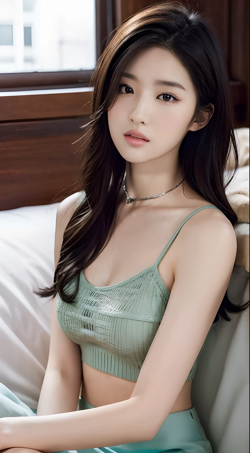 （（top-quality，8K，tmasterpiece：1.3）），Beautuful Women，Hide your face，2 girls，big breasts beautiful：1.3，Slender abs：1.1，camisole，，longblackhair，（sit on a bed），Super detailed face，Highly detailed lips，Detailed eyes，二重まぶた，Collar