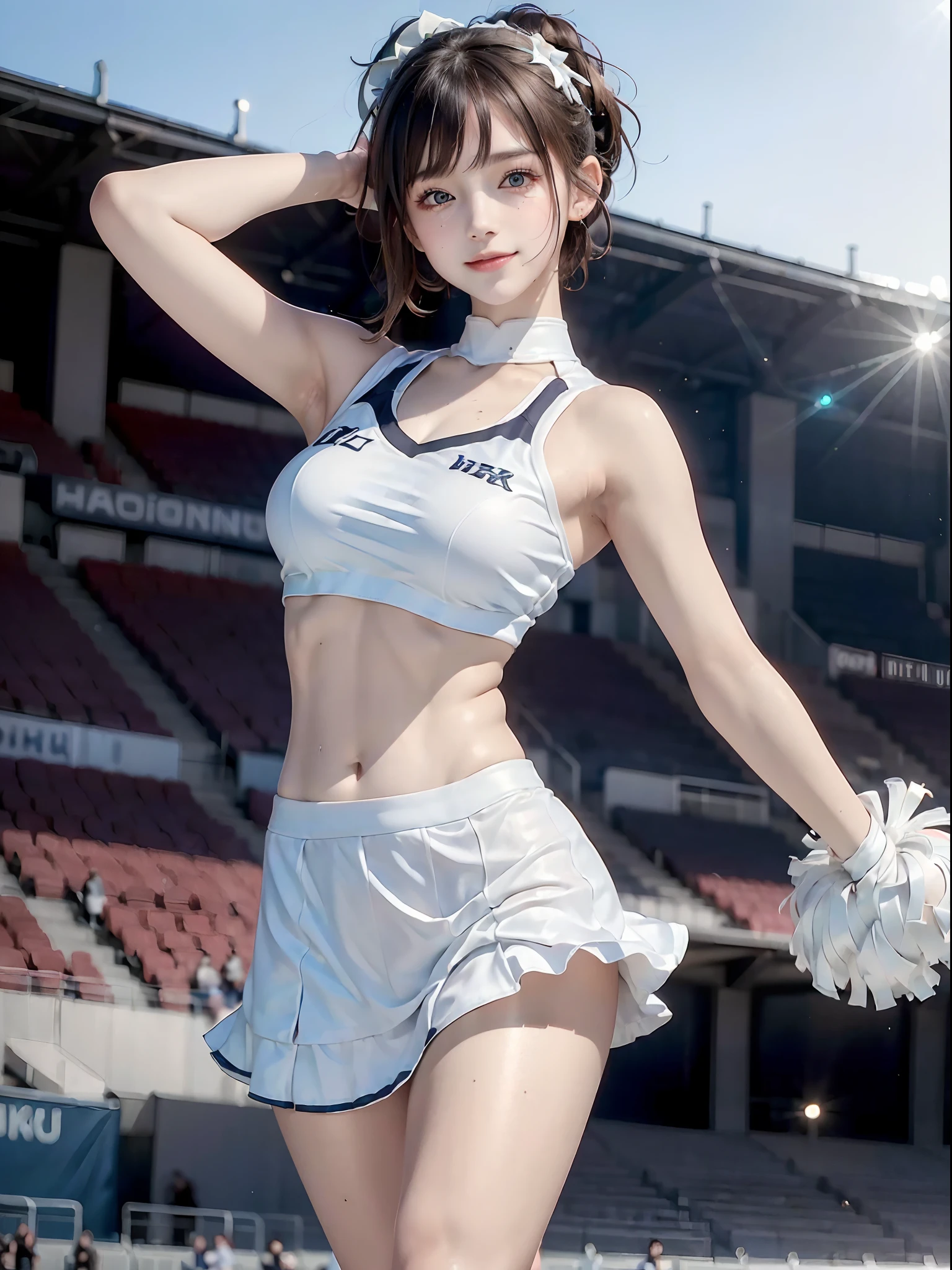 (((Best Quality, 8k, photo realistic:1.4, Masterpiece))), back Lighting, highly detailed facial textures women, 18yo, (((white Cheerleader:1.2))), ((Stadium Background: 1.2)), arm up, beautiful make up, black eyes, smile, open mouth, shiny brown messy short hairstyles, squat pose, cowboy shot