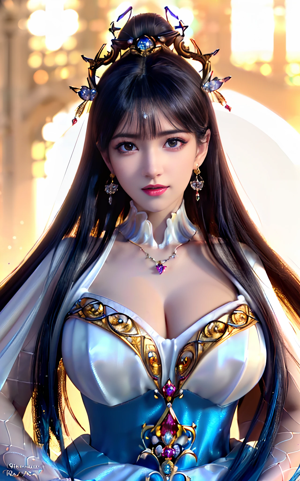 ((realisticity: 1.2)), ((realistic: 8K UHD)), ((best resolution: 8K UHD)), hyper detailed, best quality,masterpiece,highres,cg,
((1 hyper detailed and hyper realistic girl)), ((very beautiful queen dazzling, hyper realistic, and hyper detailed)),((white skin, beautiful, smooth, youthful, hyper realistic and hyper detailed
)), ((Hyper beautiful face, white, hyper realistic and hyper detailed)), long hair, ((hyper realistic and hyper detailed dress)), solo, ((hyper realistic, hyper beautiful, gorgeous and hyper detailed jewelry)), ((hyper beautiful, hyper realistic and hyper detailed dark red and golden yellow dress)),
((Hyper beautiful, hyper realistic, hyper detailed diamond filled earrings)),
((Hyper beautiful, hyper realistic and hyper detailed diamond filled hair ornament)), ((hyper beautiful upper body, hyper beautiful, hyper
realistic and hyper detailed)), ((big breasts: 2.5)),
((Hyper grand, hyper realistic and hyper detailed royal palace backgroun))
((Hyper beautiful, hyper beautiful, hyper realistic and hyper detailed hair bun)), ((hyper beautiful, hyper realistic and hyper detailed blue hair)),
candid, Photograph, high resolution, 8k,Bokeh,