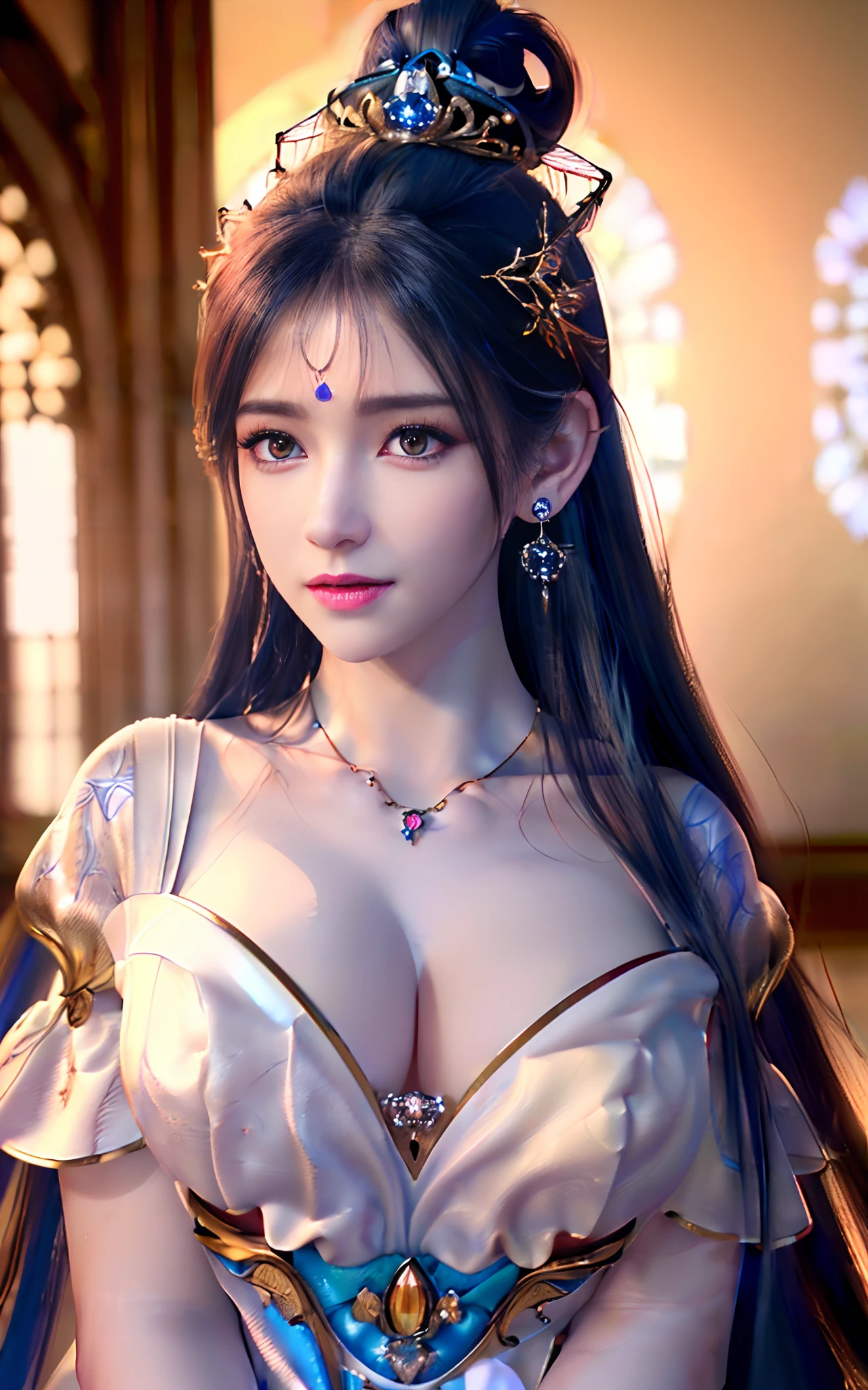 ((realisticity: 1.2)), ((realistic: 8K UHD)), ((best resolution: 8K UHD)), hyper detailed, best quality,masterpiece,highres,cg,
((1 hyper detailed and hyper realistic girl)), ((very beautiful queen dazzling, hyper realistic, and hyper detailed)),((white skin, beautiful, smooth, youthful, hyper realistic and hyper detailed
)), ((Hyper beautiful face, white, hyper realistic and hyper detailed)), long hair, ((hyper realistic and hyper detailed dress)), solo, ((hyper realistic, hyper beautiful, gorgeous and hyper detailed jewelry)), ((hyper beautiful, hyper realistic and hyper detailed dark red and golden yellow dress)),
((Hyper beautiful, hyper realistic, hyper detailed diamond filled earrings)),
  ((Hyper beautiful, hyper realistic and hyper detailed diamond filled hair ornament)), ((hyper beautiful upper body, hyper beautiful, hyper 
 realistic and hyper detailed)), ((big breasts: 2.5)), 
((Hyper grand, hyper realistic and hyper detailed royal palace backgroun))
((Hyper beautiful, hyper beautiful, hyper realistic and hyper detailed hair bun)), ((hyper beautiful, hyper realistic and hyper detailed blue hair)),
candid, Photograph, high resolution, 8k,Bokeh,