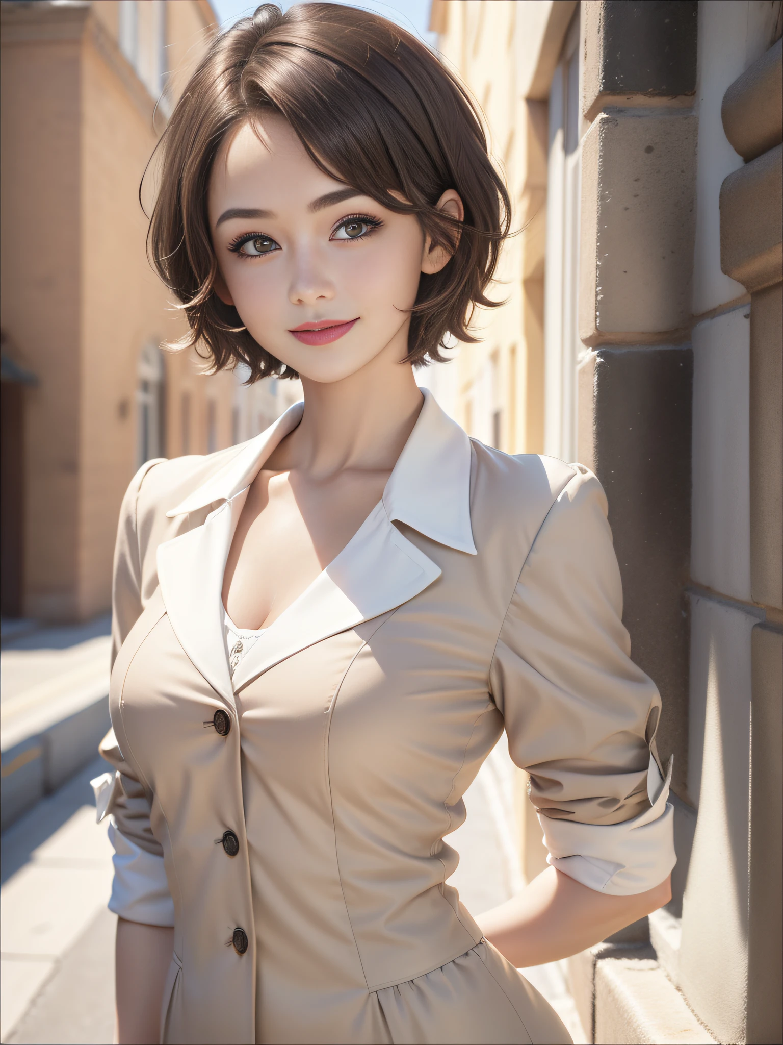 real, photo, {realistic}, {incredibly_absurdres}, {realisticlying}, {simple_background}, bust, {girl}, short hair, brown hair, cute face, light smile, beautiful detailed eyes, brown eyes, medium breasts, business_suit, masterpiece, best quality