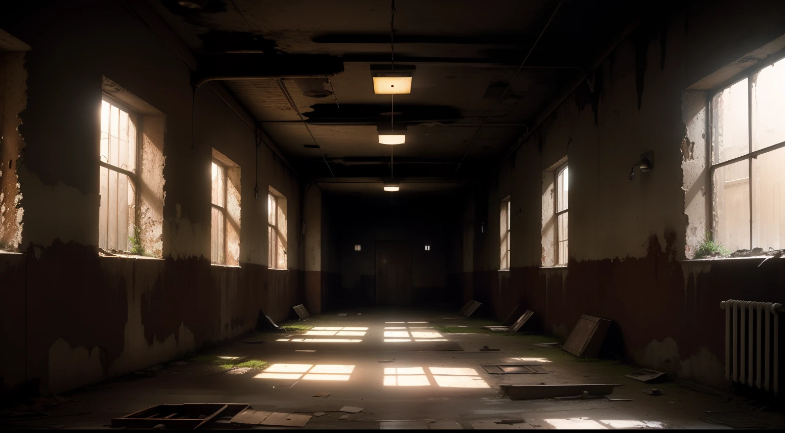 Dimly lit abandoned basement hall,A row of rusty shower heads on the wall,The roof is low,repression,run-down,No windows,Confined spaces
