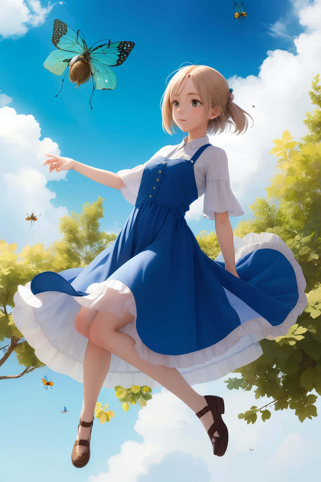 (girl:1.2),(Floating:1.1),(insects:1.1),Centered,Character Sideways,full body,clouds,Daytime,