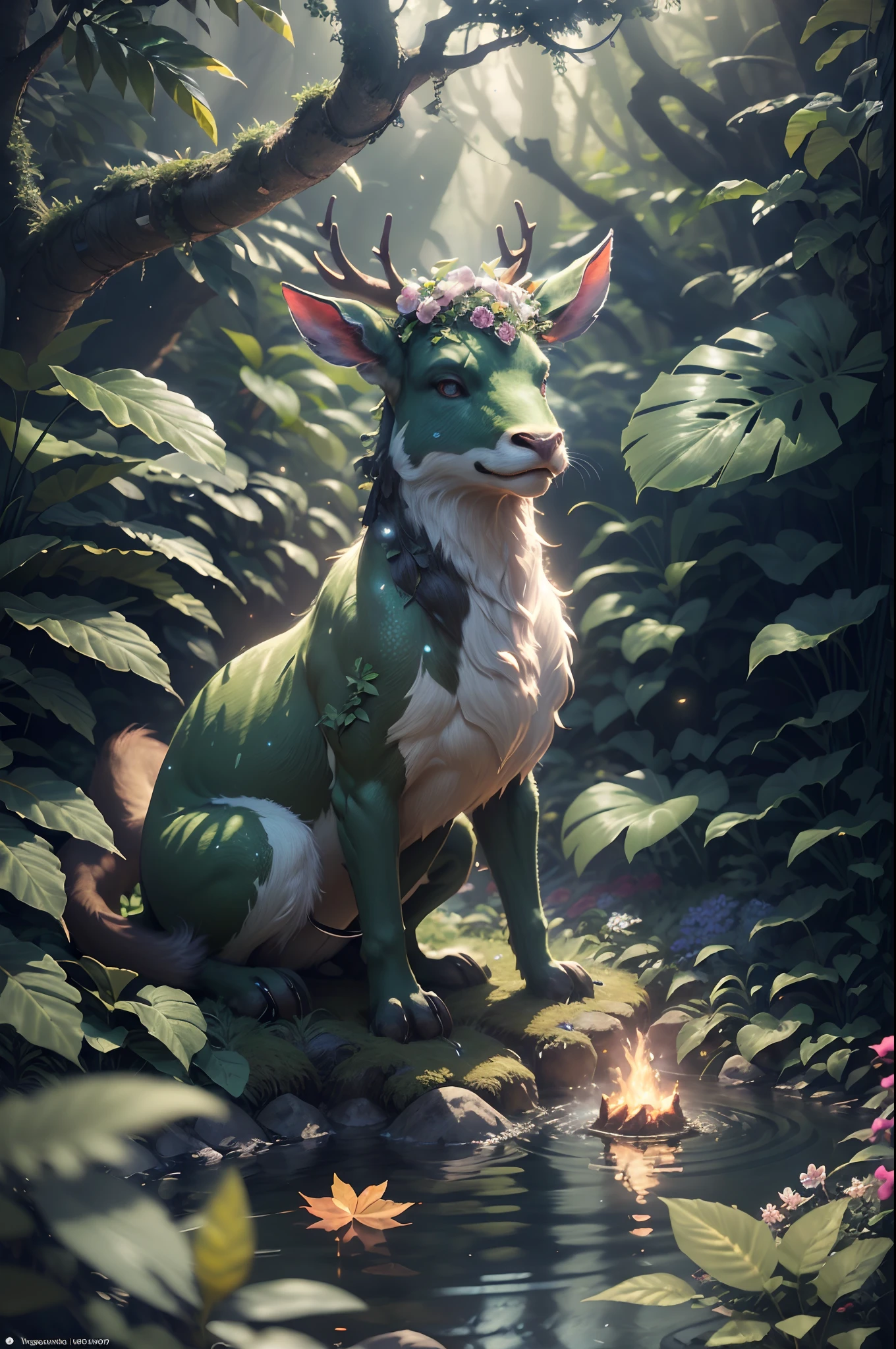 Masterpiece, best quality, (very detailed CG unified 8k wallpaper), (best quality), (best illustration), (best shadow), glowing elf with a glowing deer, drinking water in the pool, natural elements in forest theme. Mysterious forest, beautiful forest, nature, surrounded by flowers, delicate leaves and branches surrounded by fireflies (natural elements), (jungle theme), (leaves), (branches), (fireflies), (particle effects) and other 3D, Octane rendering, ray tracing, super detailed , beast --v6